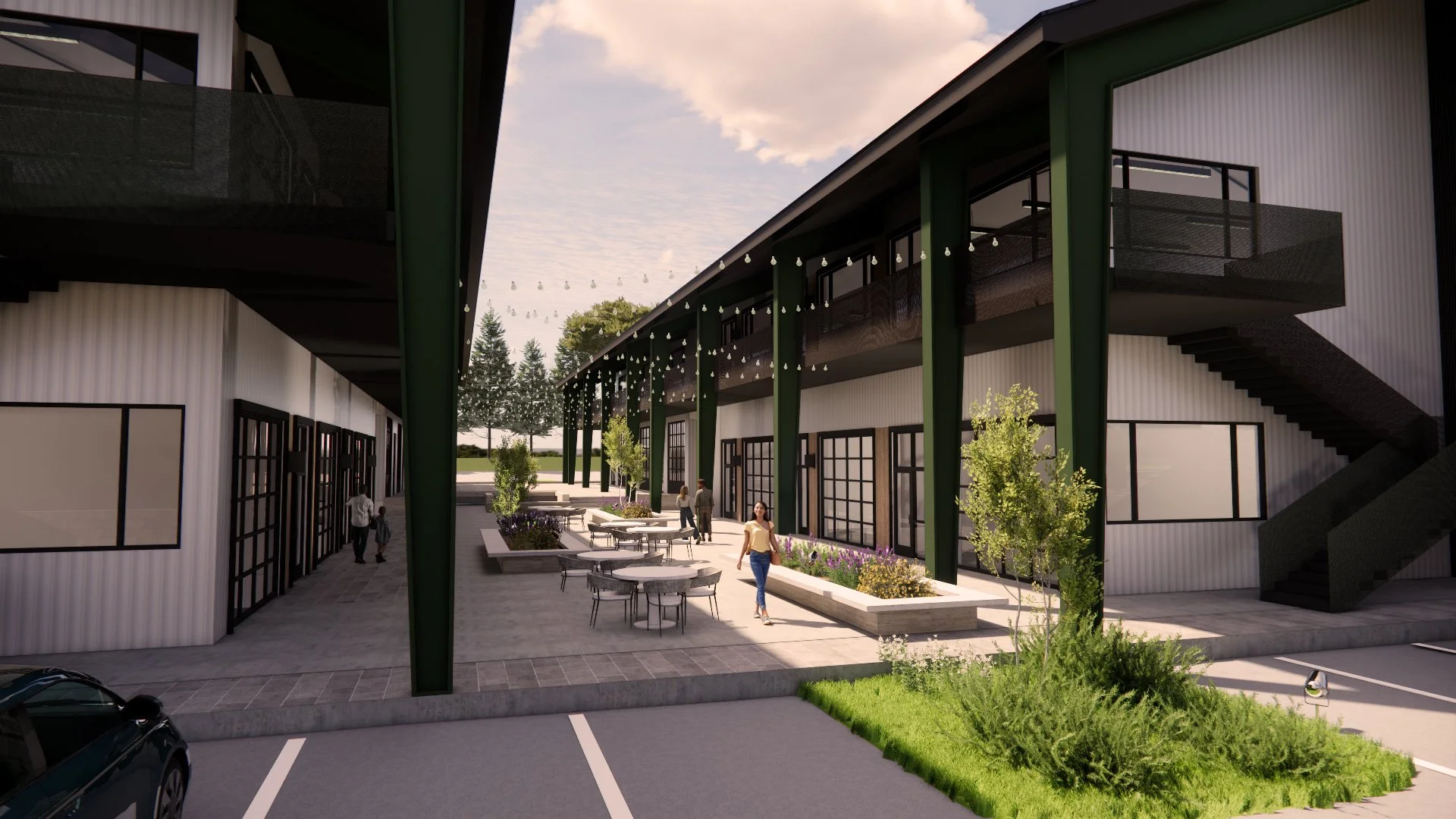 Rendering of a modern two-story building with outdoor seating, trees, and parking spaces, with a few people walking in the courtyard.