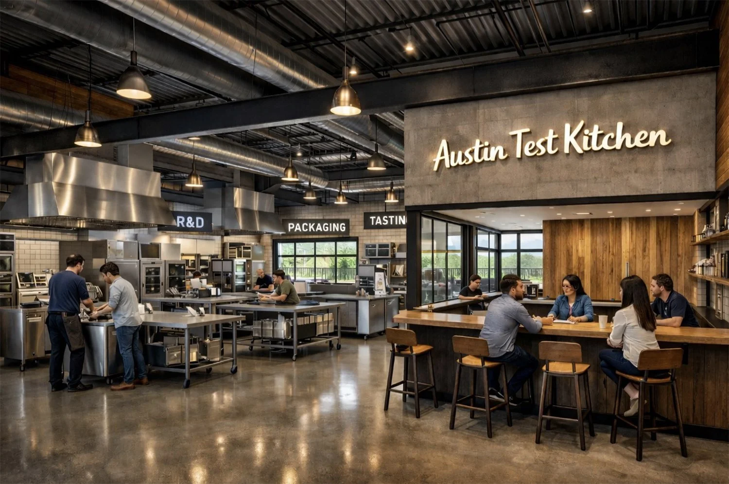 Interior of a modern kitchen and dining area at Austin Test Kitchen with people sitting at a counter and others working at kitchen stations, industrial-style lighting, and signage for R&D, Packaging, Tasting.