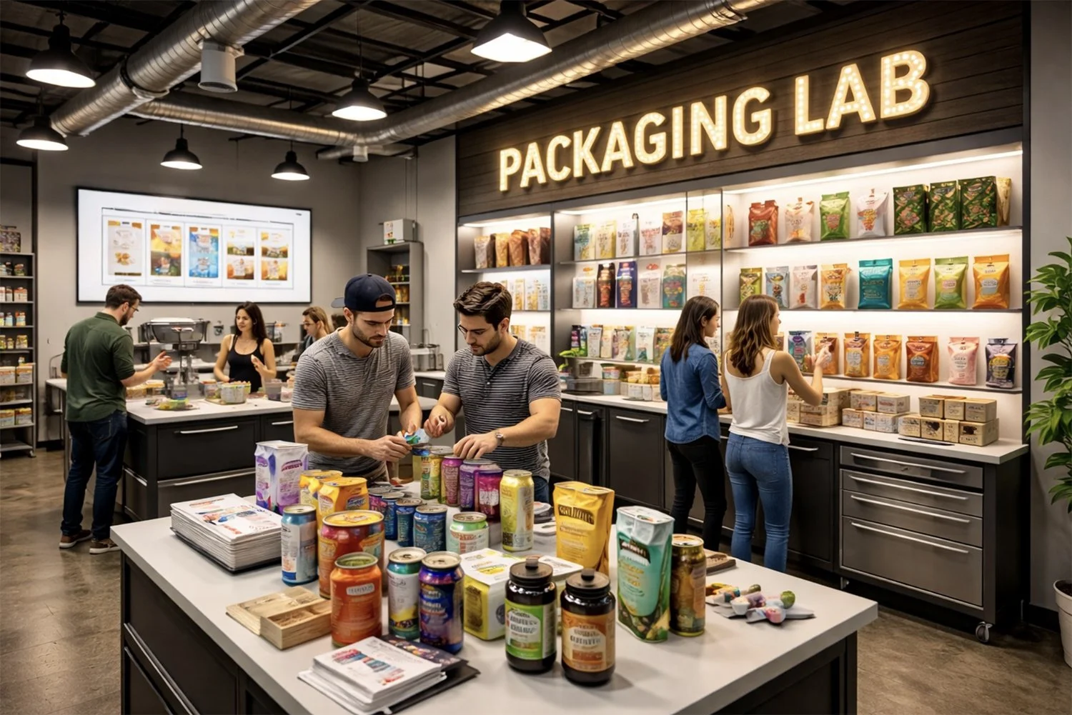 People shopping at a packaging lab store with various food products on display and a large illuminated sign reading 'Packaging Lab'.