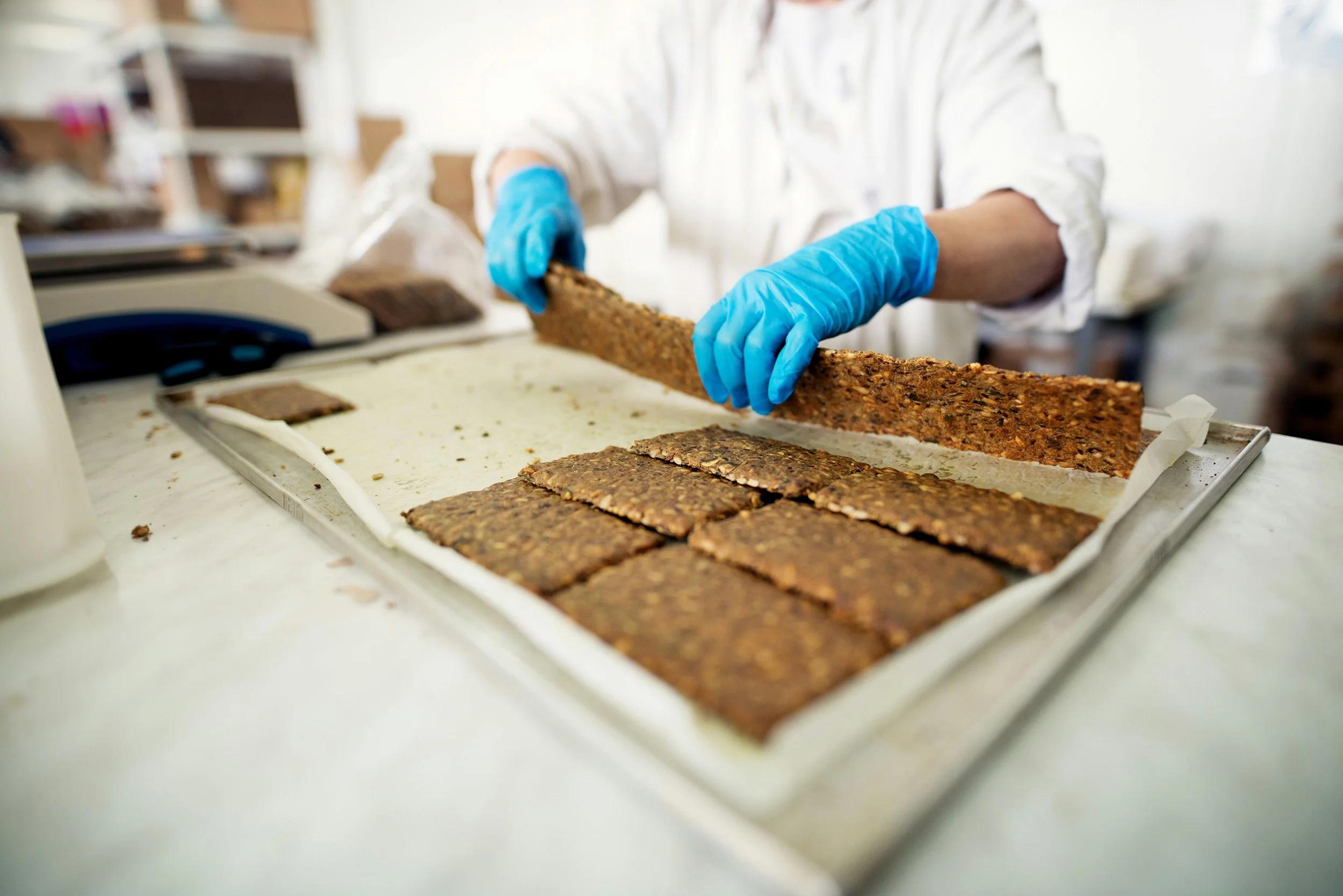 Person wearing blue gloves slicing a large rectangular piece of a textured, layered food item on a white tray in a kitchen or bakery setting.