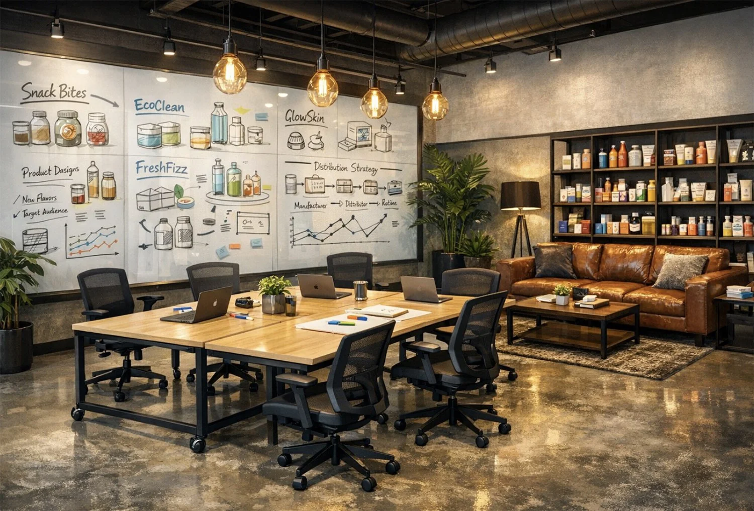 Modern office meeting room with a large wooden table surrounded by black mesh office chairs. On the wall behind the table, there is a large whiteboard with colorful sketches and diagrams. To the right, there is a cozy seating area with a brown leather sofa, a black coffee table, and a bookshelf filled with various books and products. Green plants and warm lighting fixtures enhance the space.