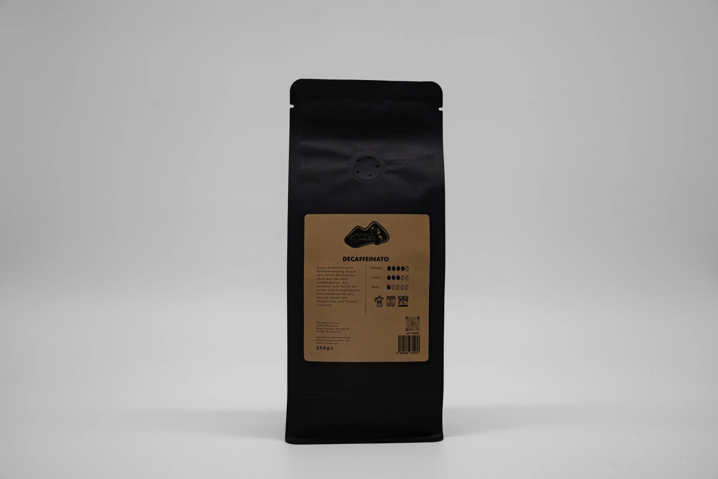 Caffè Senatore 250g Verpackung der Kaffeesorte Decaffeinato von hinten
