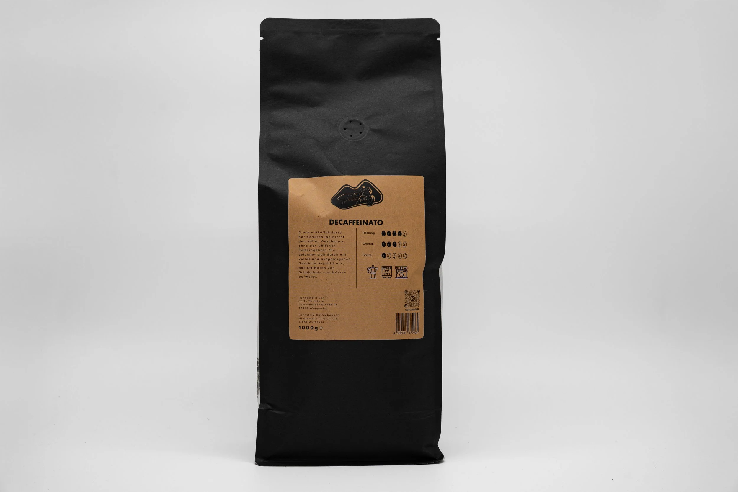 Caffè Senatore 1000g Verpackung der Kaffeesorte Decaffeinato von hinten