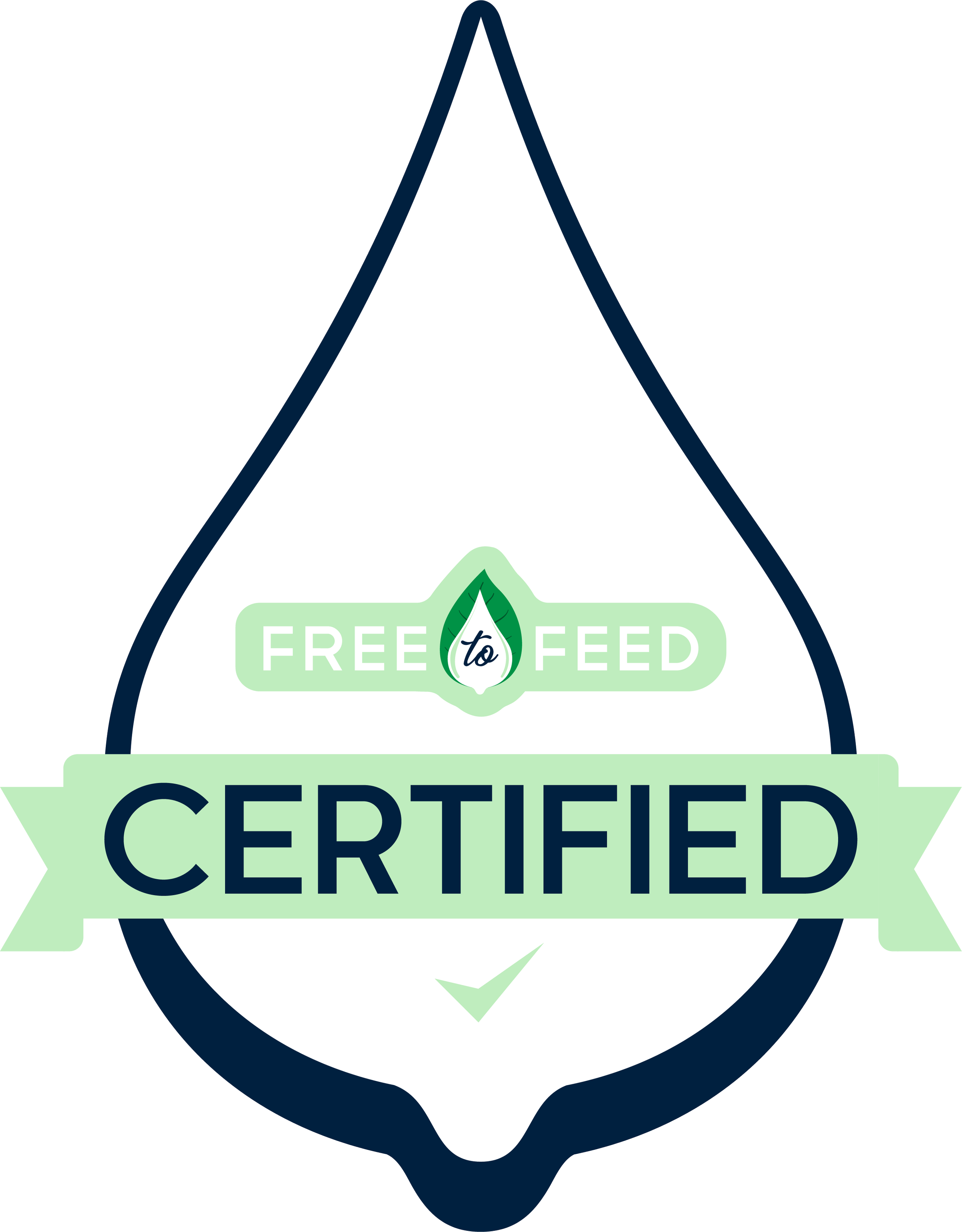 A certification badge shaped like a droplet with a green leaf and the words 'Free to Feed' and 'Certified' written on it.