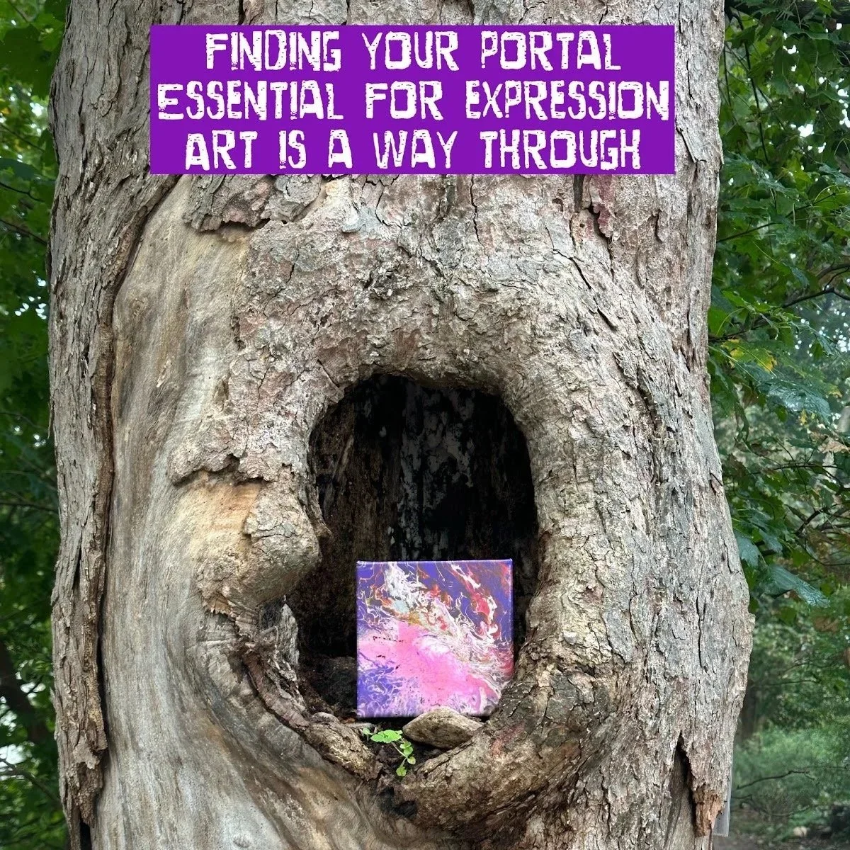 A tree with a hollow in its trunk, containing a colorful abstract painting. A purple sign with white text is attached to the tree that reads, 'Finding your portal essential for expression art is a way through.'