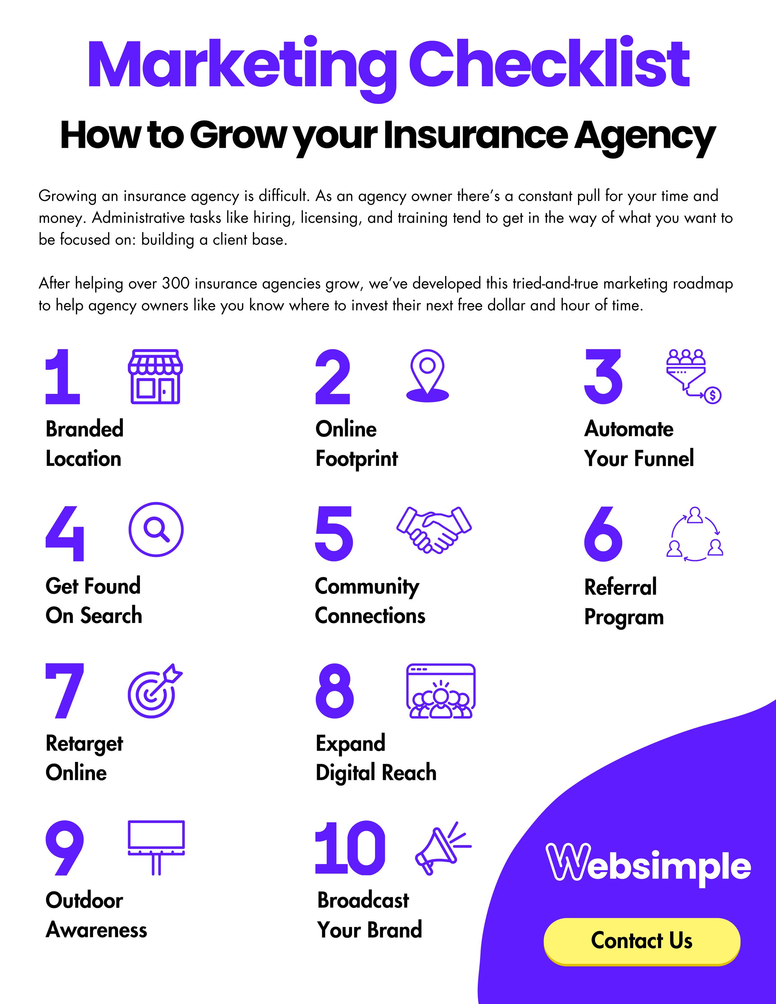 A marketing checklist for growing an insurance agency, featuring ten steps with icons. The steps include branded location, online footprint, automate your funnel, get found on search, community connections, referral program, retarget online, expand digital reach, outdoor awareness, and broadcast your brand. The design is purple and black text on a white background, with a yellow "Contact Us" button at the bottom right.