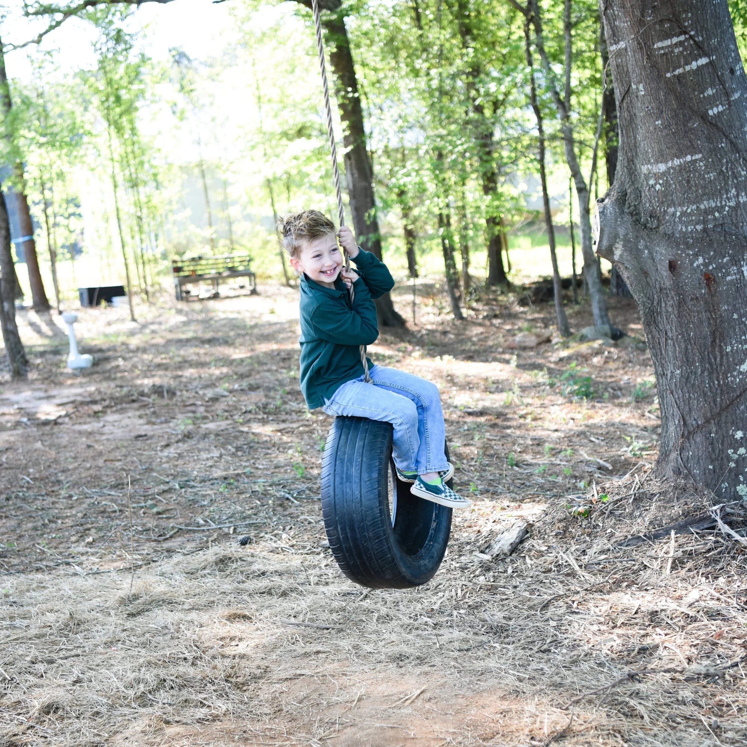 A young boy with short curly hair, smiling, sitting on a tire swing hanging from a tree in a wooded park.