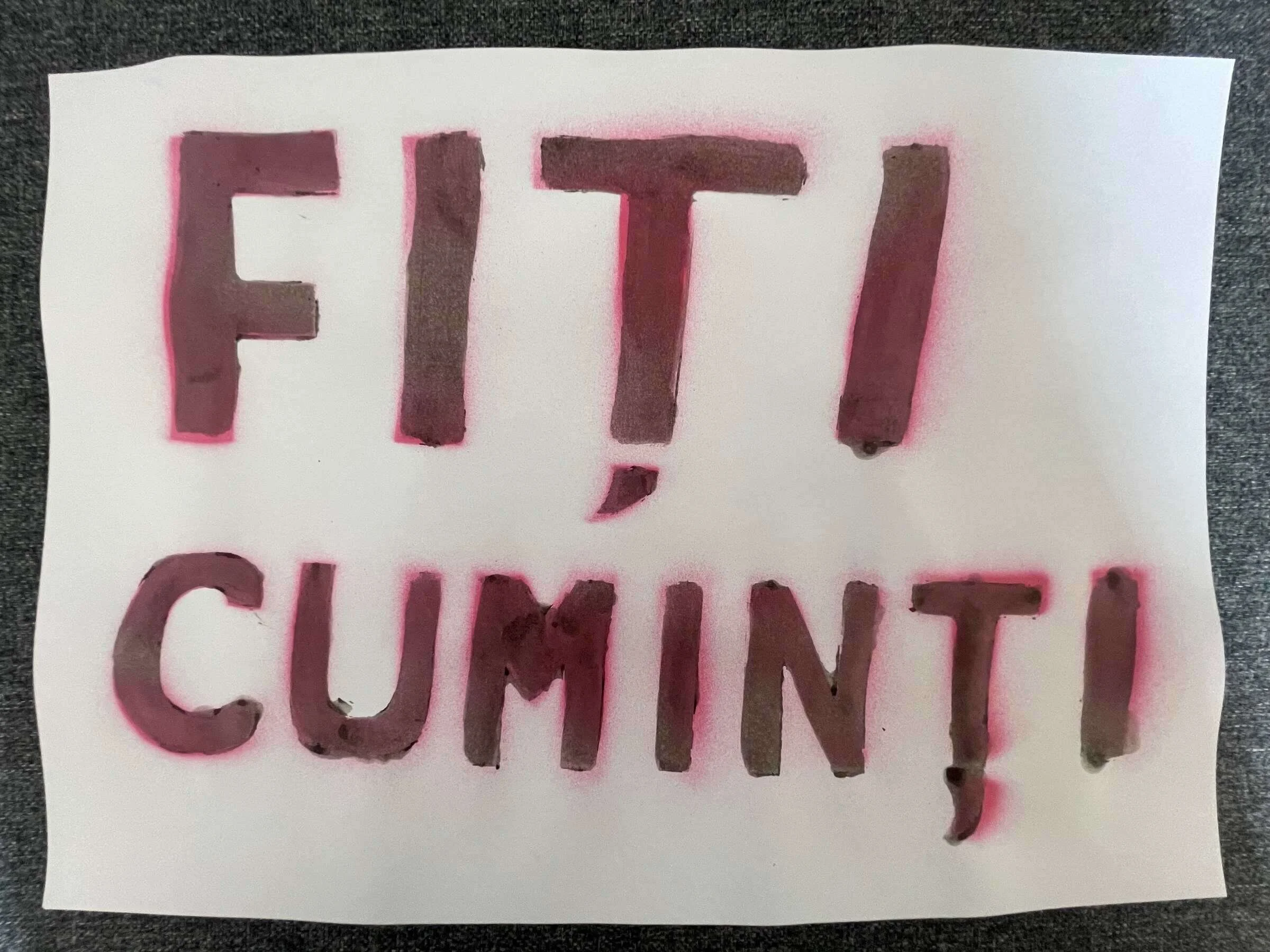 fiti cuminti (be good), stencil, spray paint, and hand-coloring on paper, 2023, How Do You Say 'Patronizing'?, Gene Tanta, Casa cu Iedera, Timișoara, Romania