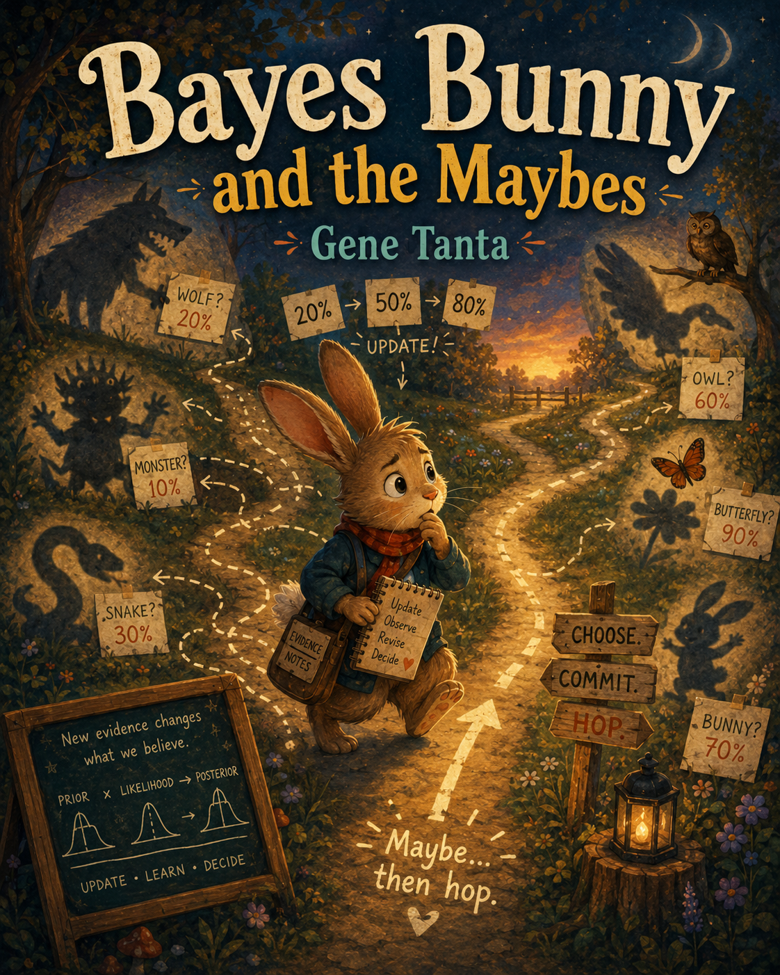 Bayes Bunny and the Maybes follows a probabilistic rabbit who changes his mind every time he sees a shadow, learning that maybe can be wise—but that endless maybe can become cowardice without action.