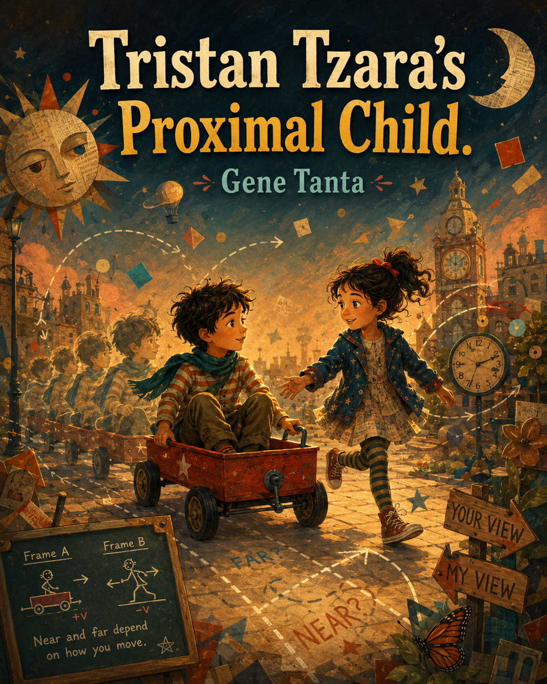 Tristan Tzara’s Proximal Child is a Dada-science fable where “near” and “far” keep changing depending on who is moving, so the child learns special relativity through friendship, perspective, and the ethics of not assuming one’s own frame is the only