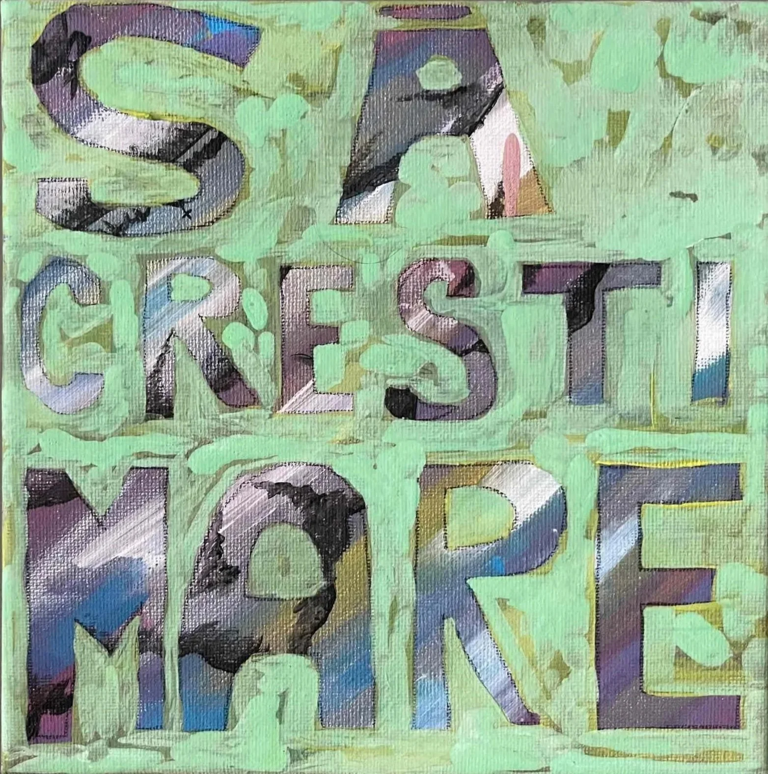 sa cresti mare (may you grow up big and strong), acrylic painting on found canvas, 2023, How Do You Say 'Patronizing'?, Gene Tanta, Casa cu Iedera, Timișoara, Romania