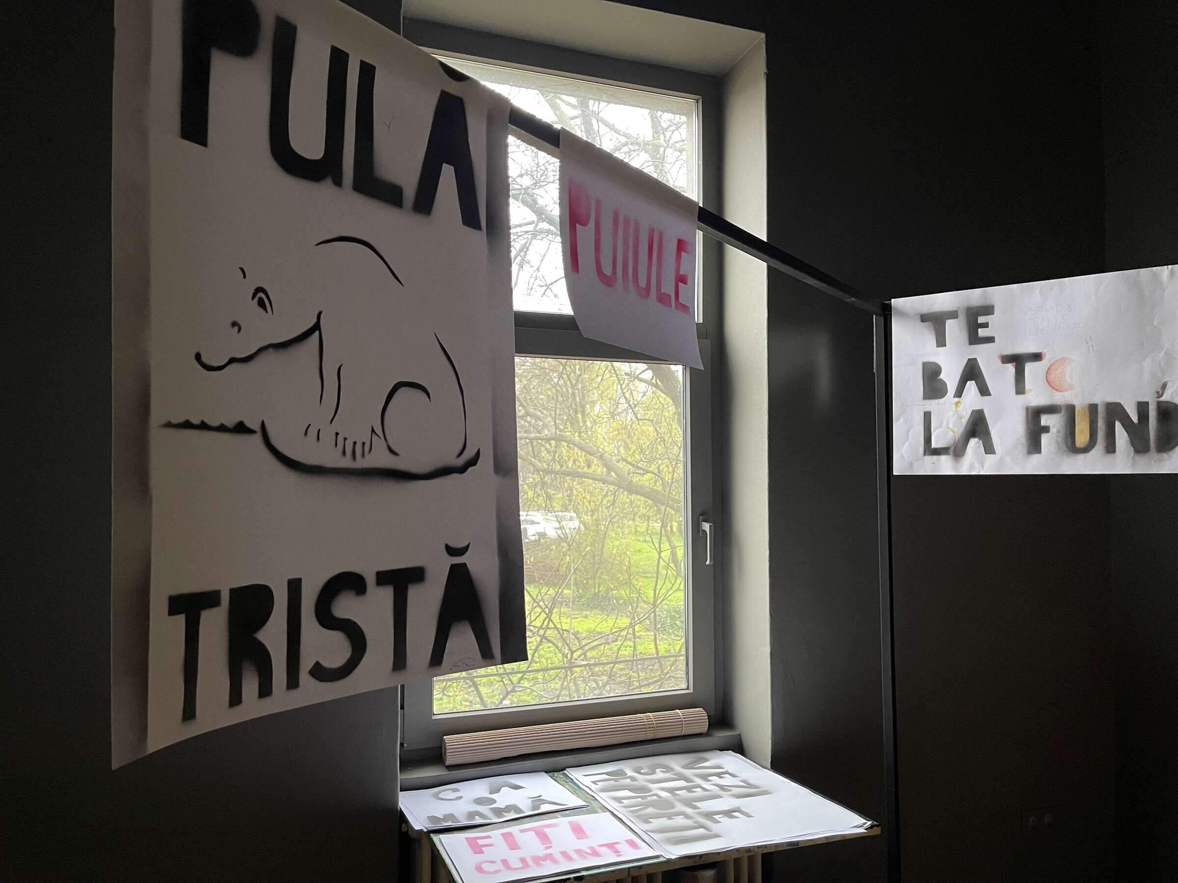 pula trista (sad cock — depicted as a polar bear on a small ice floe, conceptual illustration), stencil, spray paint on paper, 2023, How Do You Say 'Patronizing'?, Gene Tanta, Casa cu Iedera, Timișoara, Romania