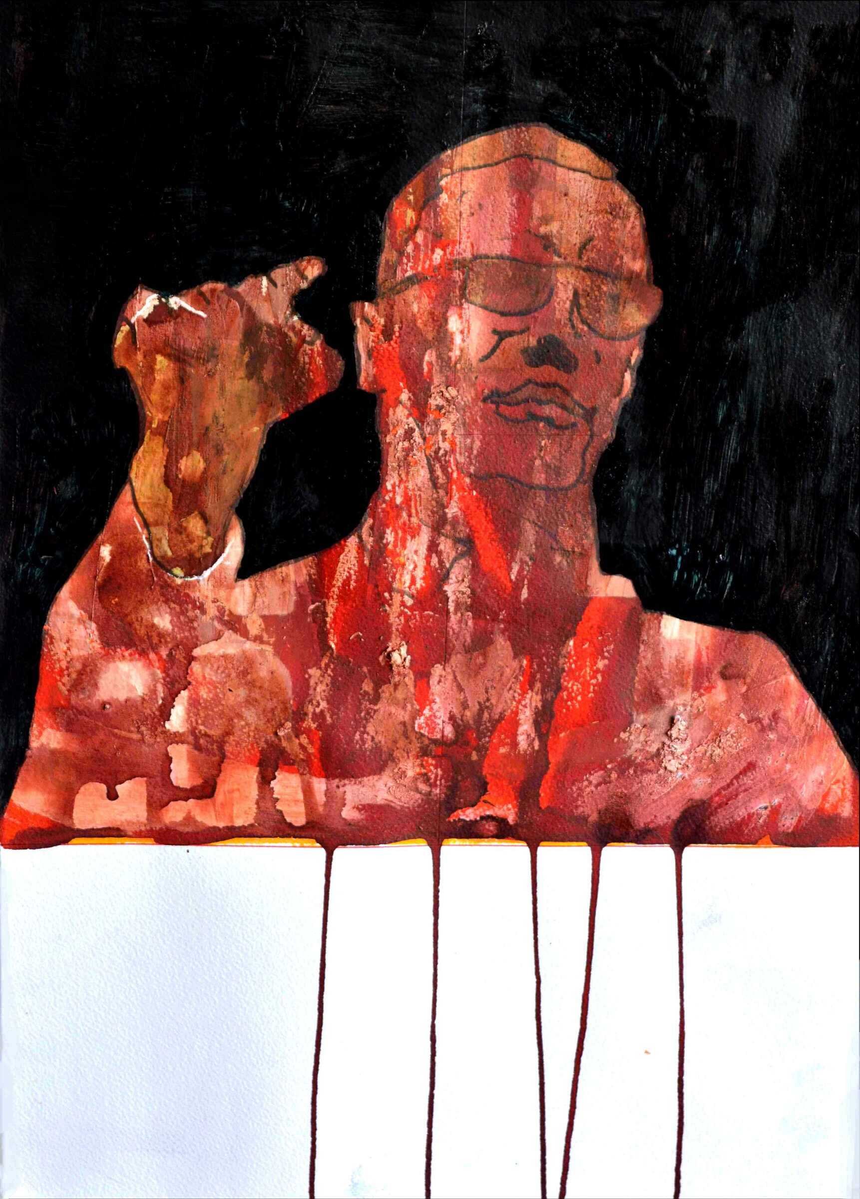 Assassinated Figures — Malcolm X (red), acrylic, pencil and marker on paper, 2018, Gene Tanta