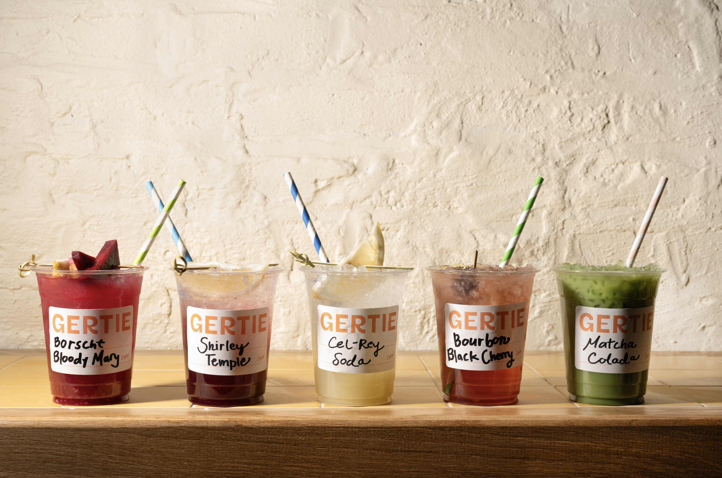 GERTIE drinks, including Bloody Mary, Matcha, Shirley Temple, boozy soda, & Cel-Ray