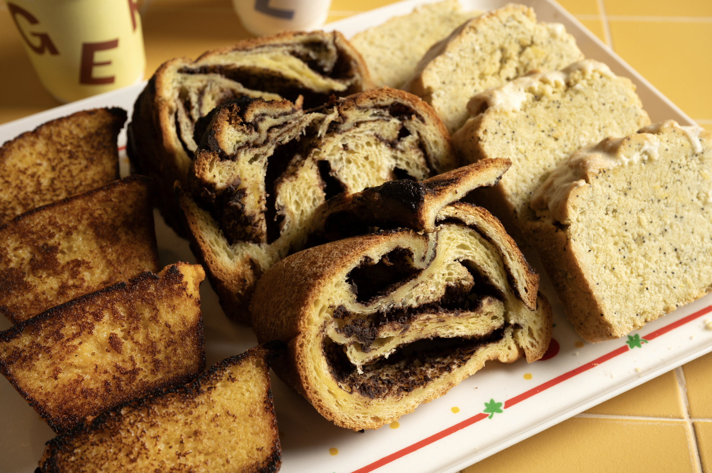 GERTIE pastries including corn muffin, lemon poppyseed cake, and housemade chocolate babka