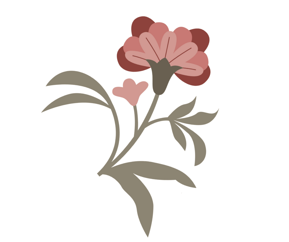 A simple, stylized illustration of a pink flower with green leaves.