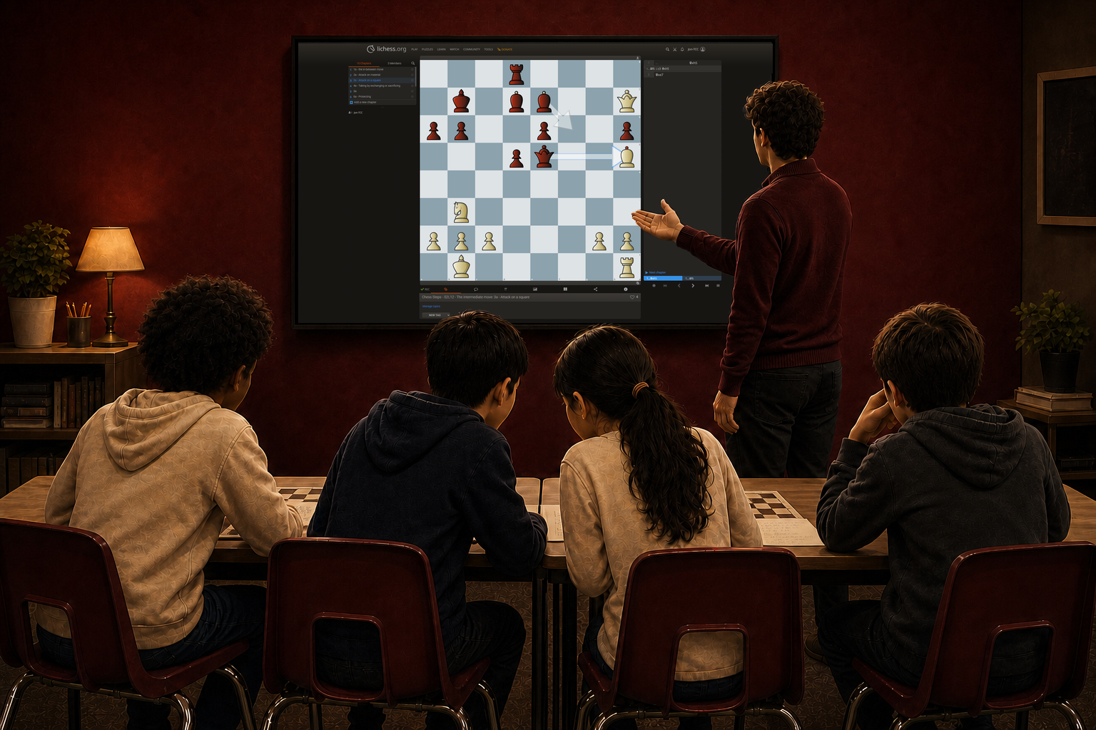 Editorial illustration of four young chess students, seen from behind, studying an interactive Lichess lesson with an instructor.
