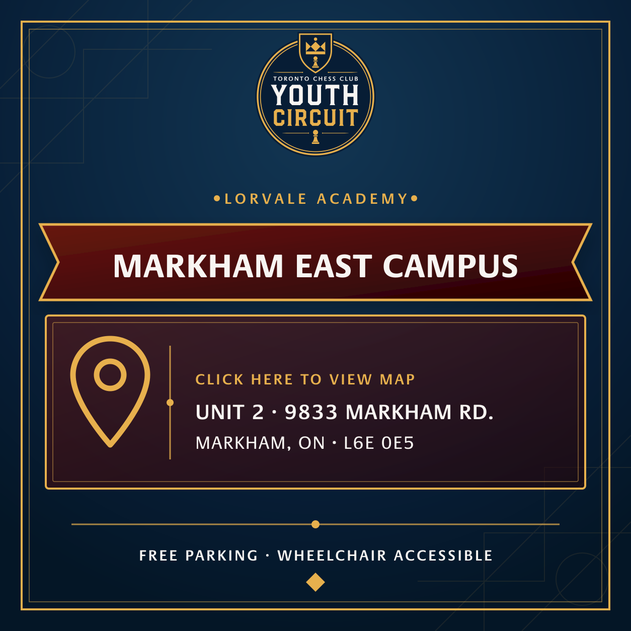 Lorvale Academy Markham East Campus: Unit 2, 9833 Markham Road, Markham, Ontario L6E 0E5. Free parking and wheelchair accessible.