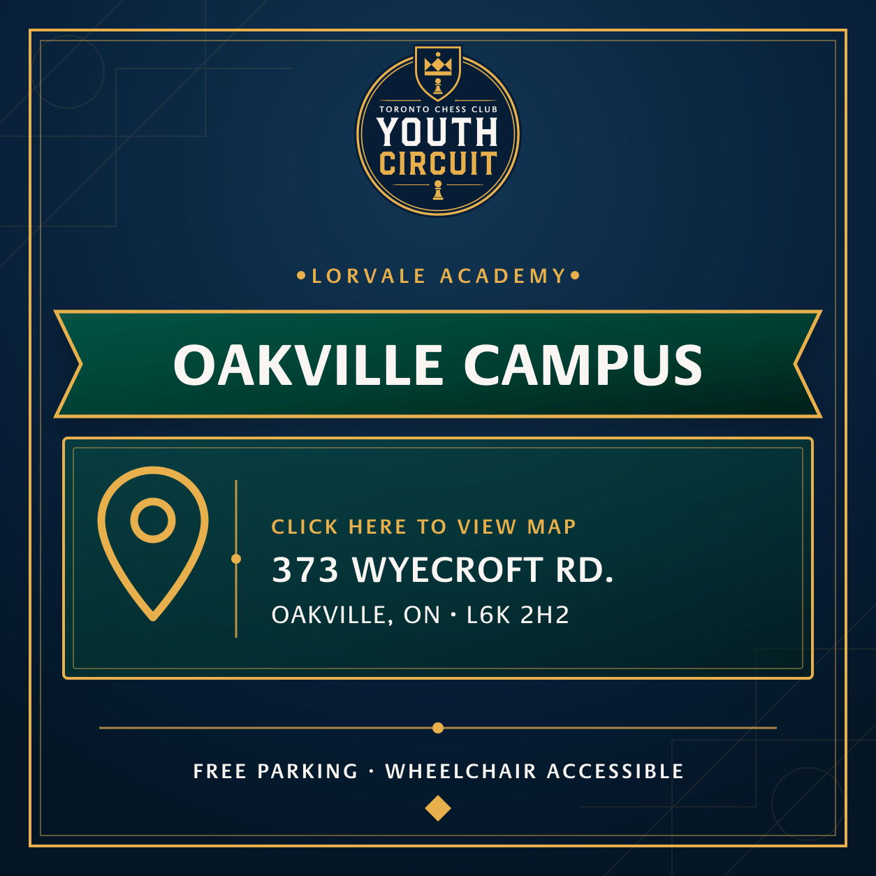Lorvale Academy Oakville Campus: 373 Wyecroft Road, Oakville, Ontario L6K 2H2. Free parking and wheelchair accessible.