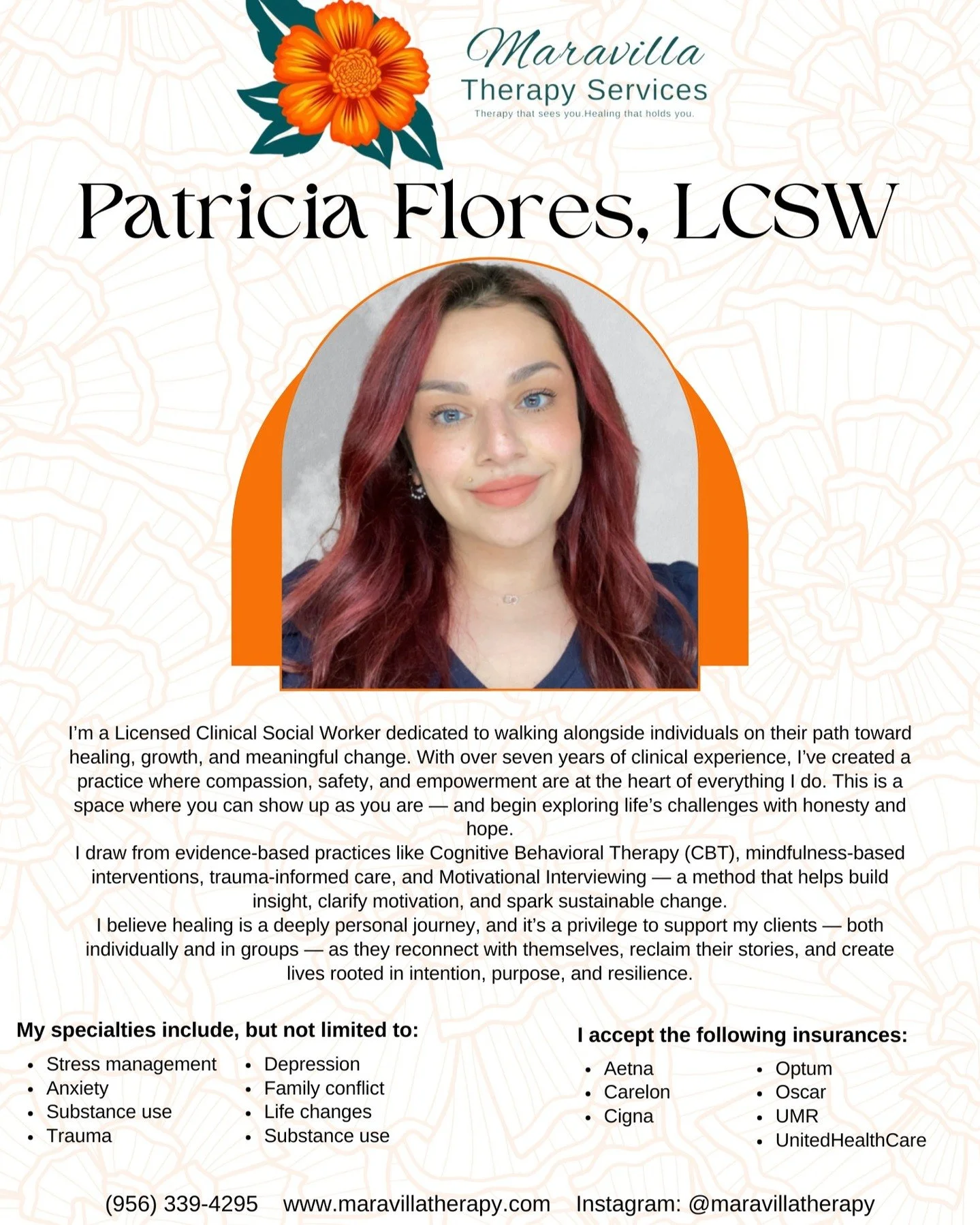 Spotlight on co-owner and therapist, Patricia Flores. Patty is a fantastic therapist always appreciated by her clients and striving to provide a safe comfortable environment for therapy sessions.
As Patty says, "Reaching out for support can feel