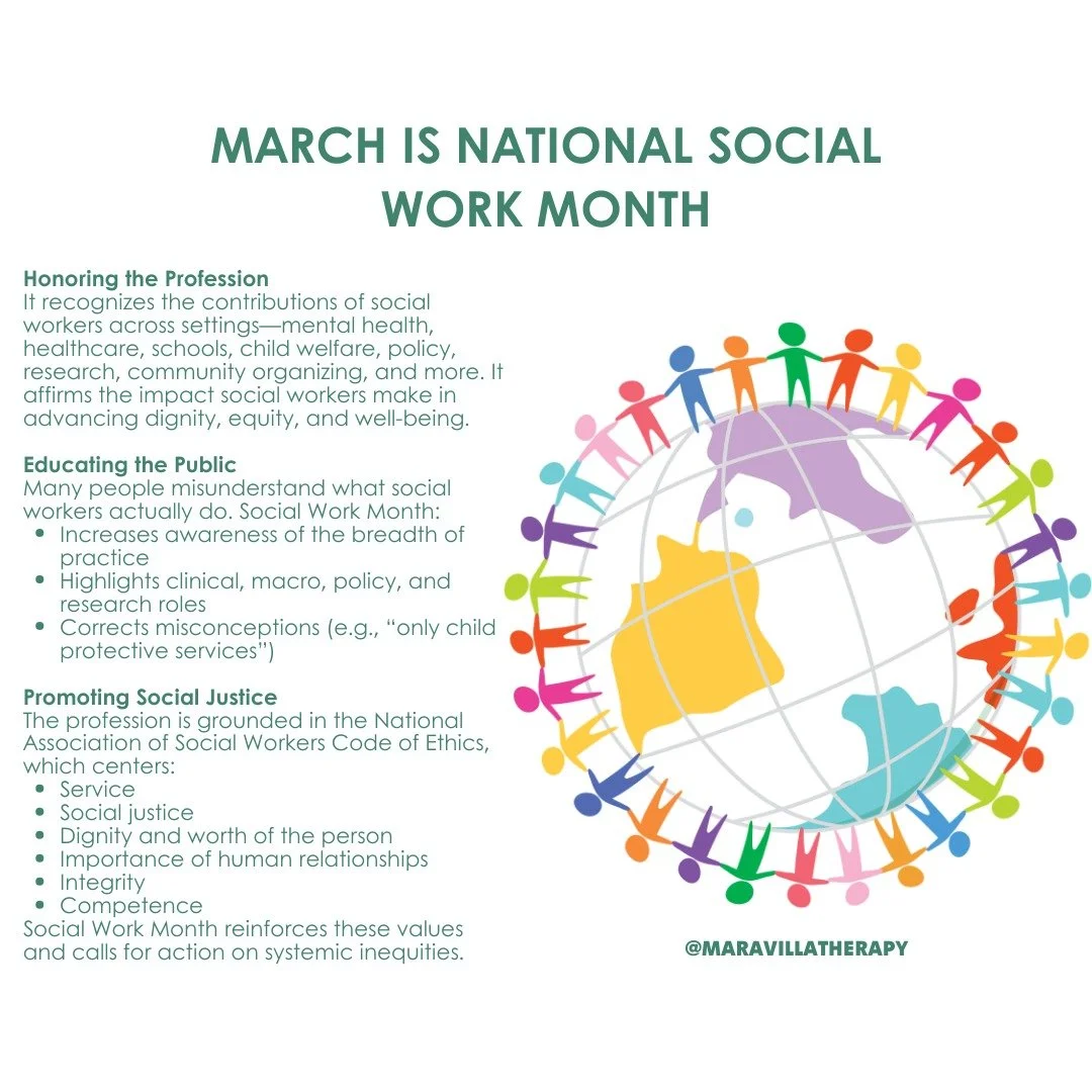 Happy Social Work Month to all our fellow Social Work Colleagues!

Q: What is social work month?
A: It recognizes the contributions of social workers across settings&mdash;mental health, healthcare, schools, child welfare, policy, research, community