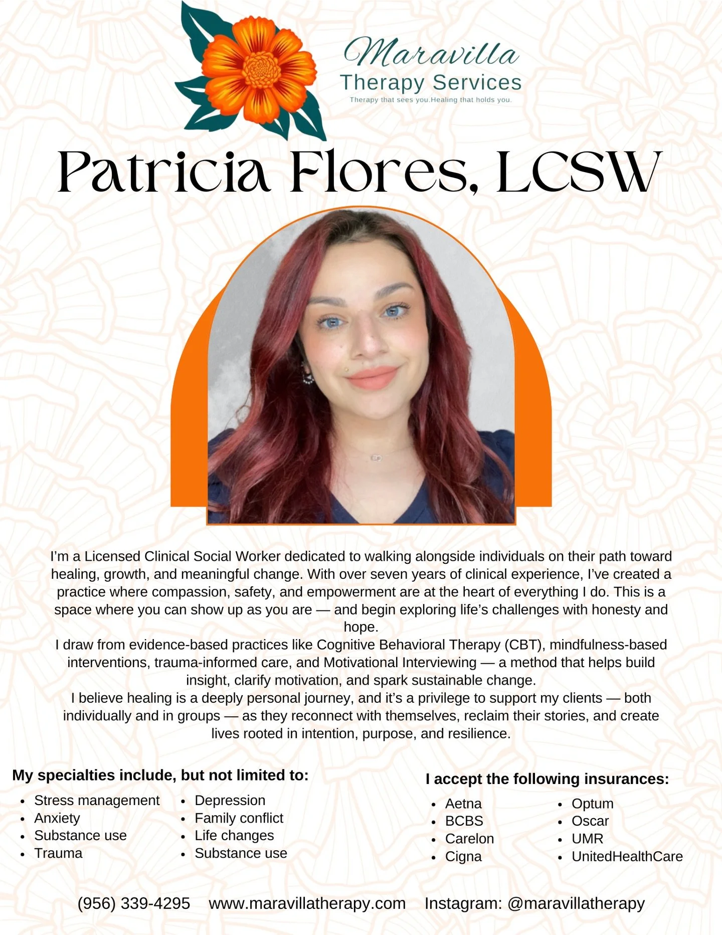 Spotlight on co-owner and therapist, Patricia Flores. Patty is a fantastic therapist always appreciated by her clients and striving to provide a safe comfortable environment for therapy sessions.
As Patty says, "Reaching out for support can feel