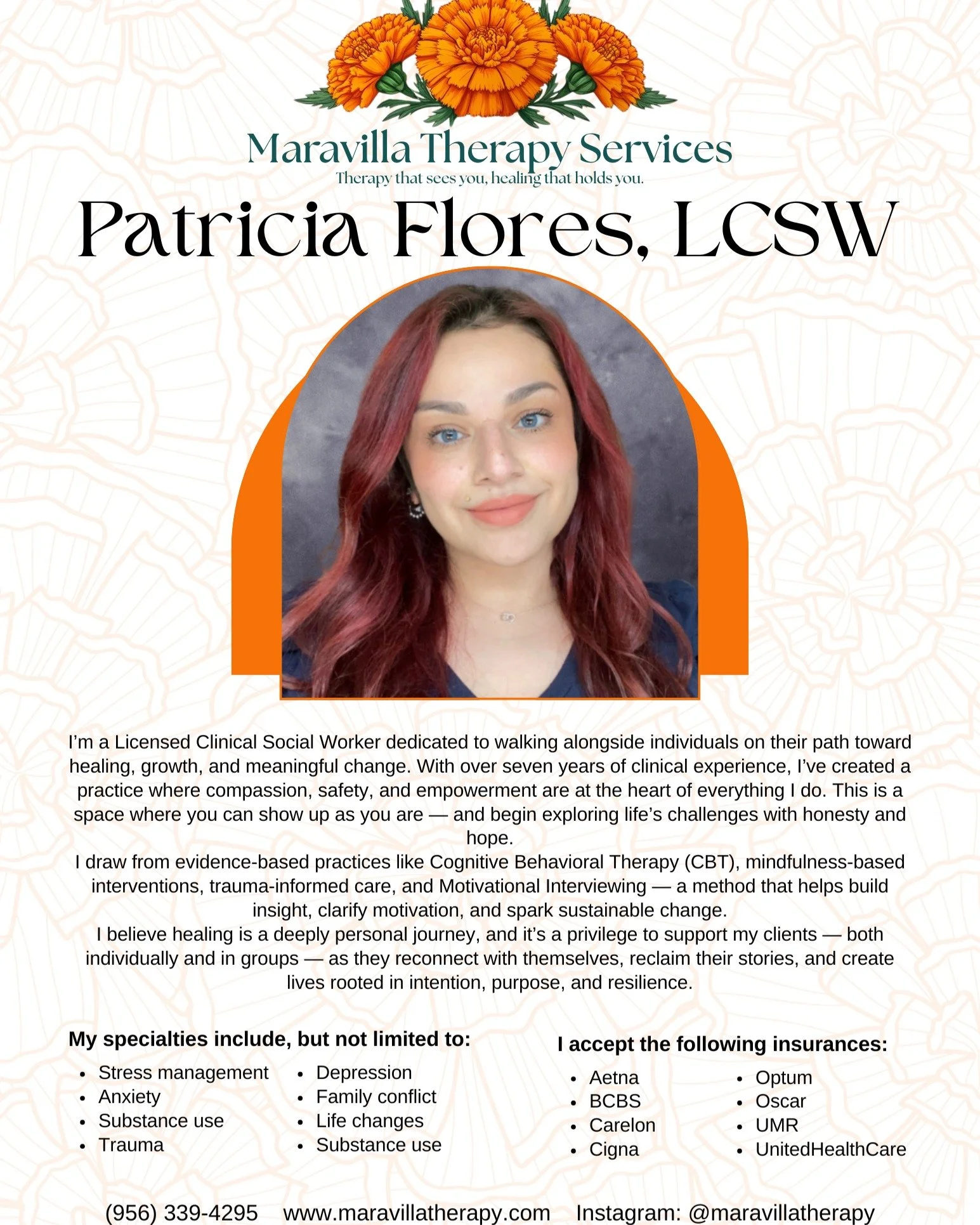 Spotlight on co-owner and therapist, Patricia Flores. Patty is a fantastic therapist always appreciated by her clients and striving to provide a safe comfortable environment for therapy sessions.
As Patty says, "Reaching out for support can feel