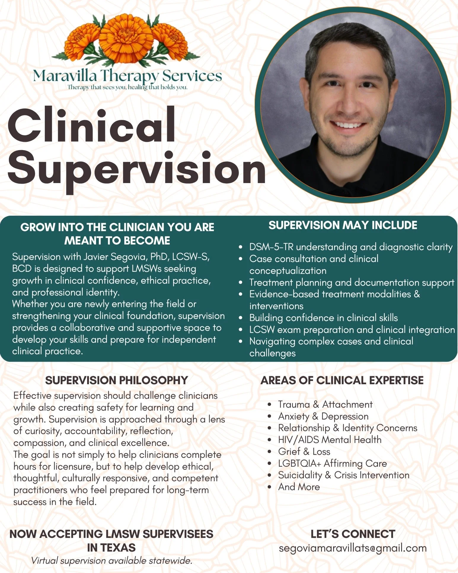 Clinical supervision is more than collecting hours. It is about becoming the clinician you want to be.

At Maravilla Therapy Services, supervision is designed to help LMSWs grow in confidence, clinical skill, ethical decision-making, and professional