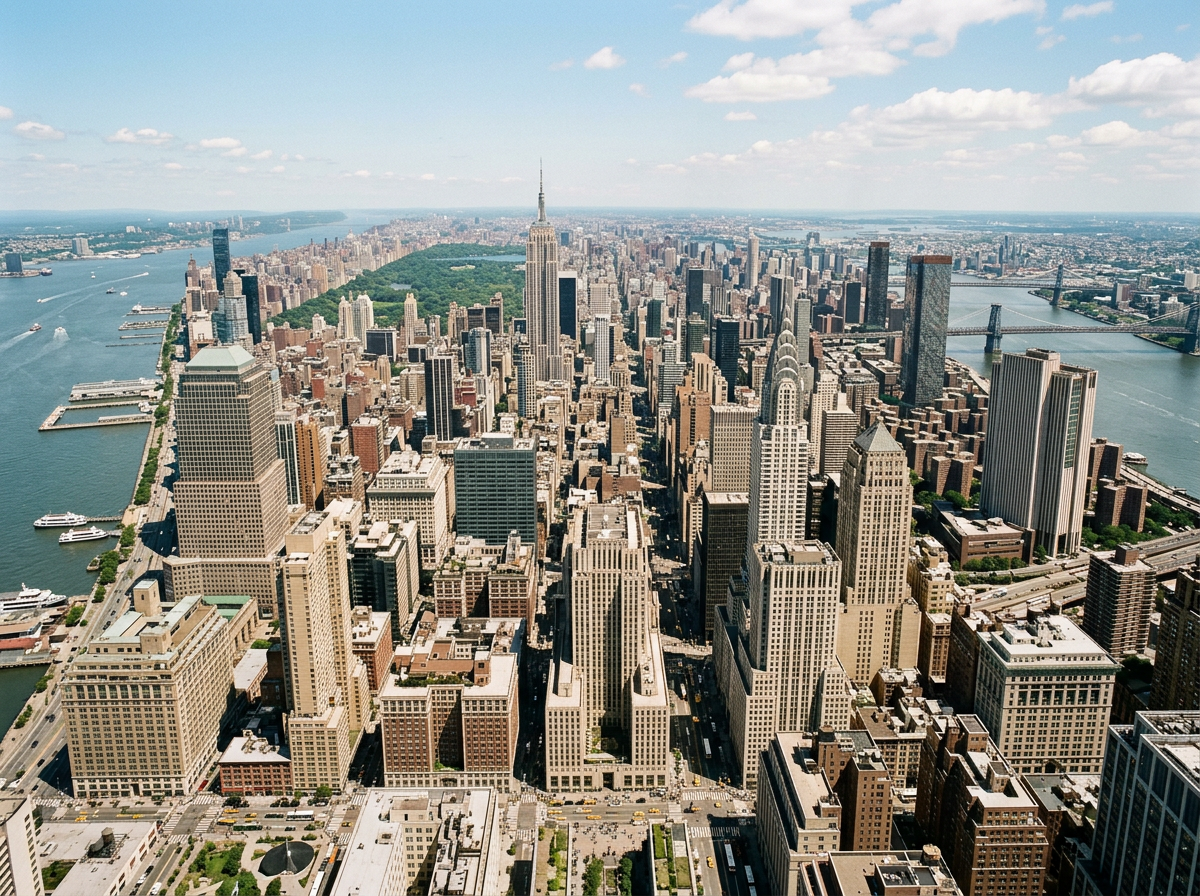 Aerial view of Manhattan, New York City with skyscrapers, Central Park, and the Brooklyn Bridge over the East River visible.