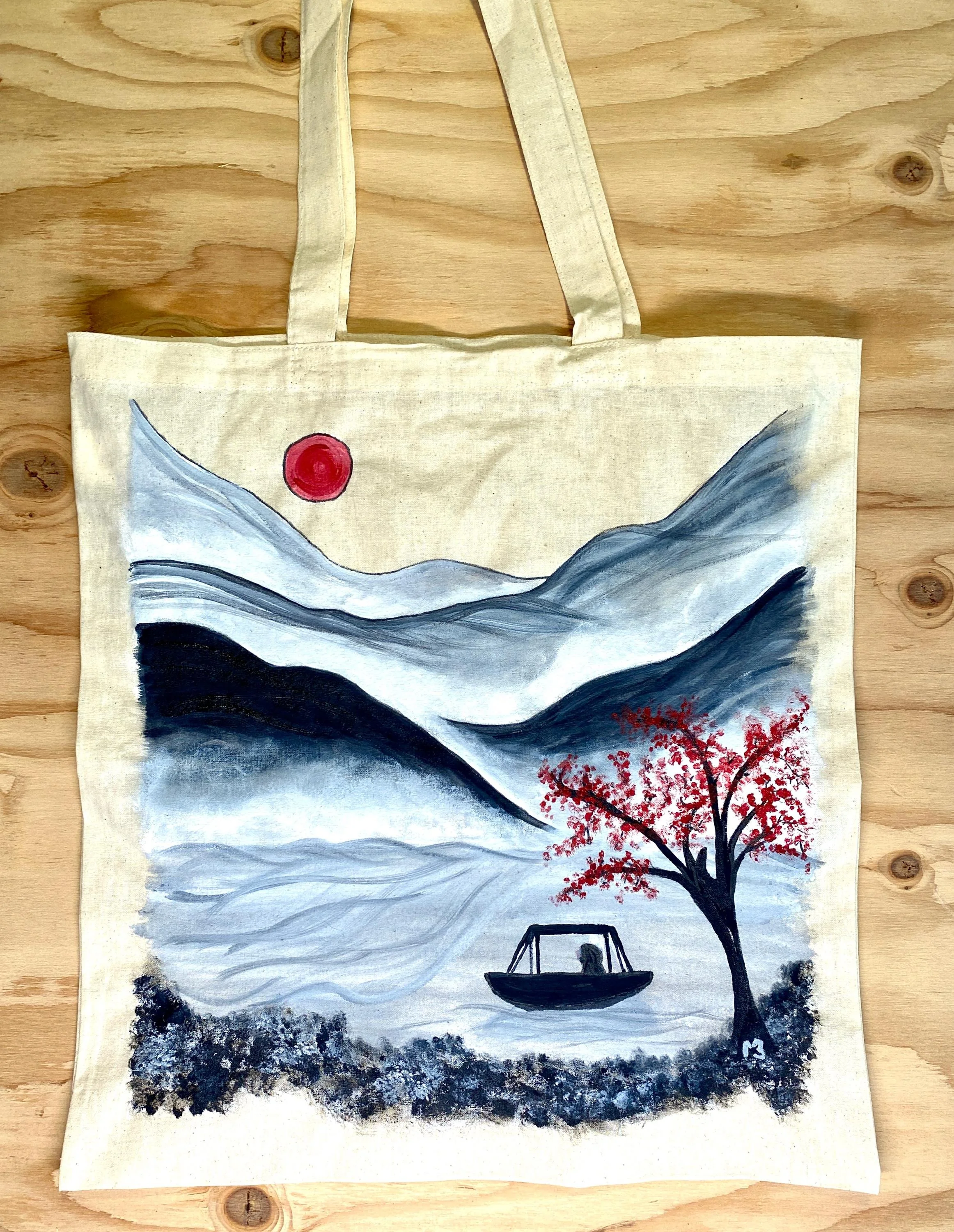 Hand Painted Cotton Tote Bag - Red Moon Above Misty Mountains