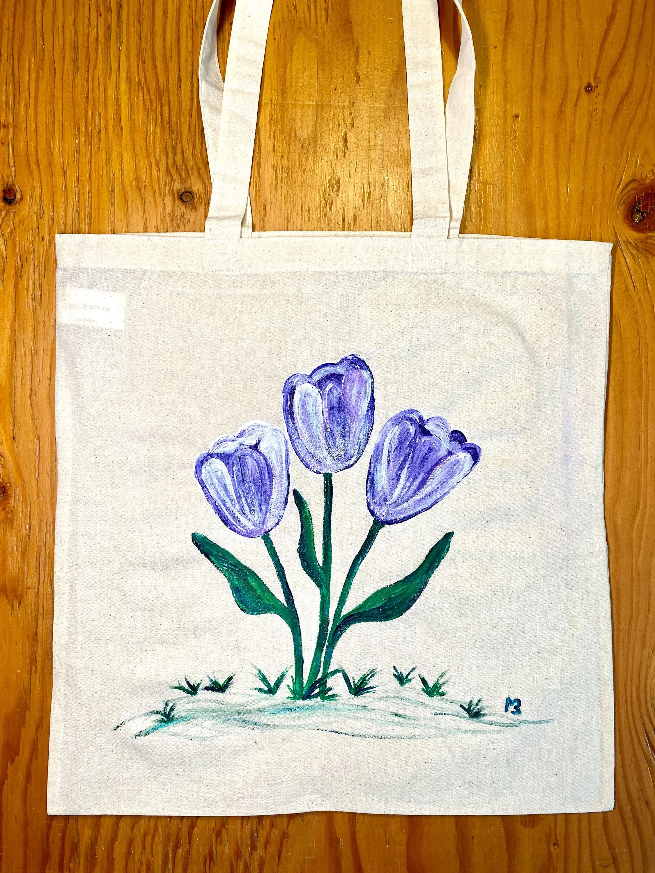 Hand Painted Cotton Tote Bag - Purple Tulips