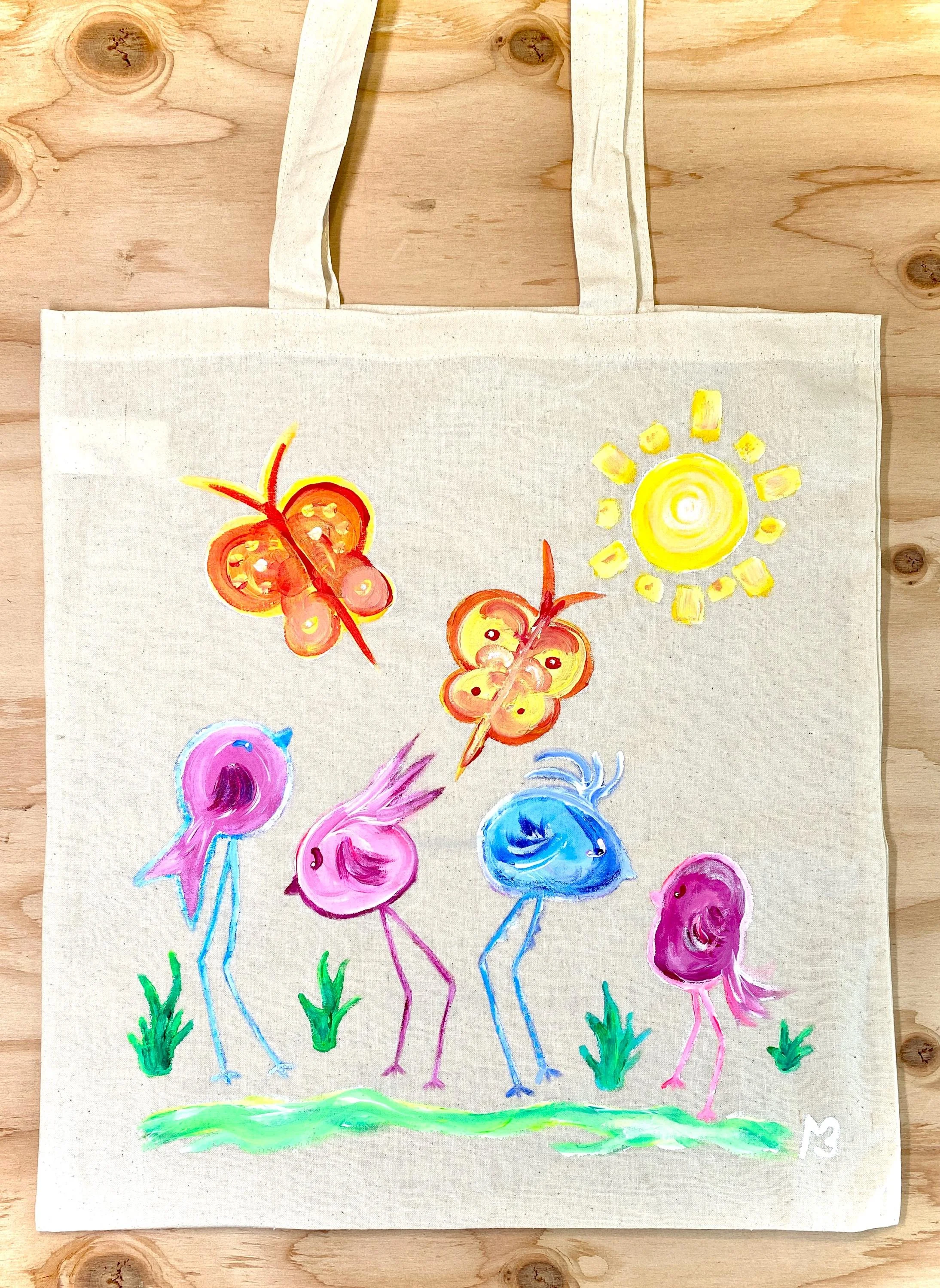 Hand Painted Cotton Tote Bag - Birds & Butterflies