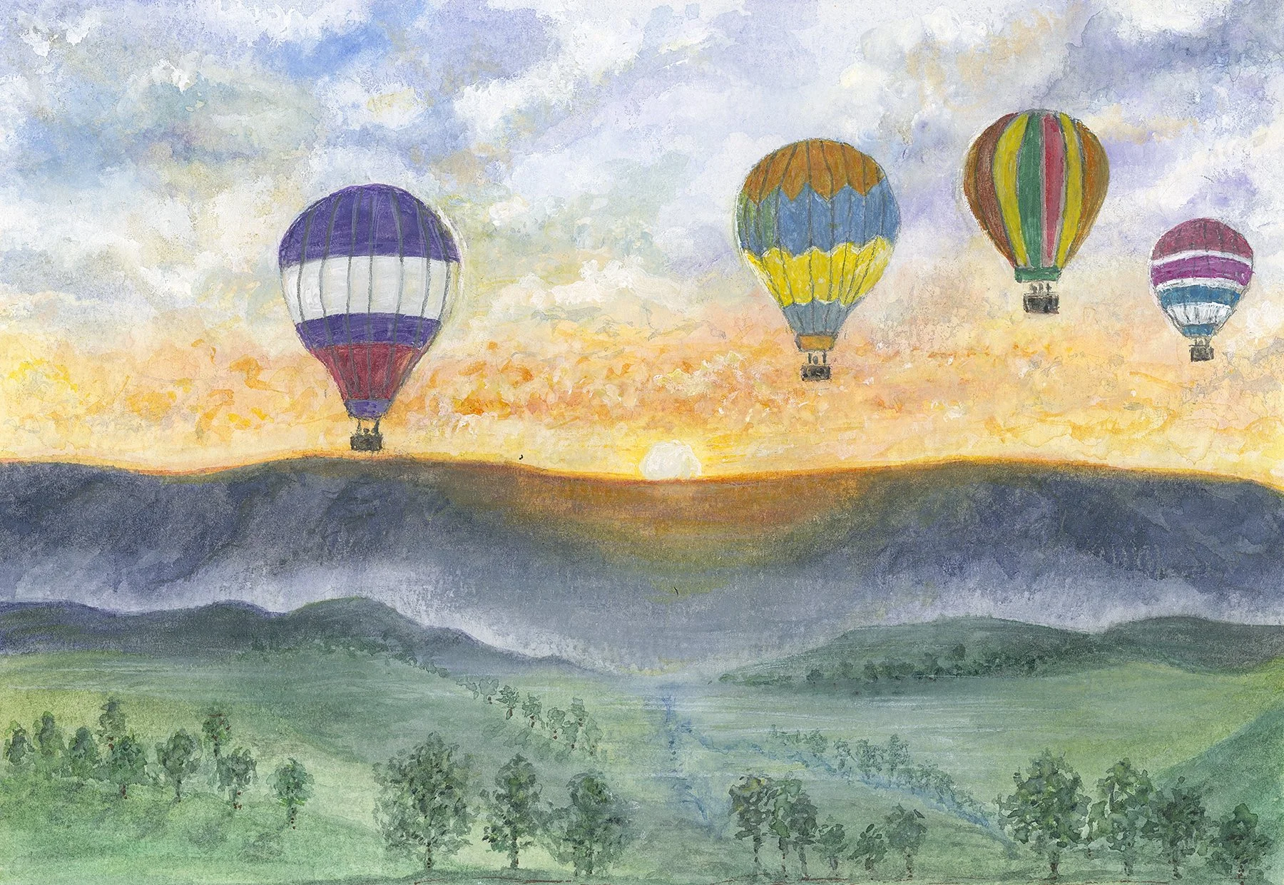 Watercolour of hot air balloons