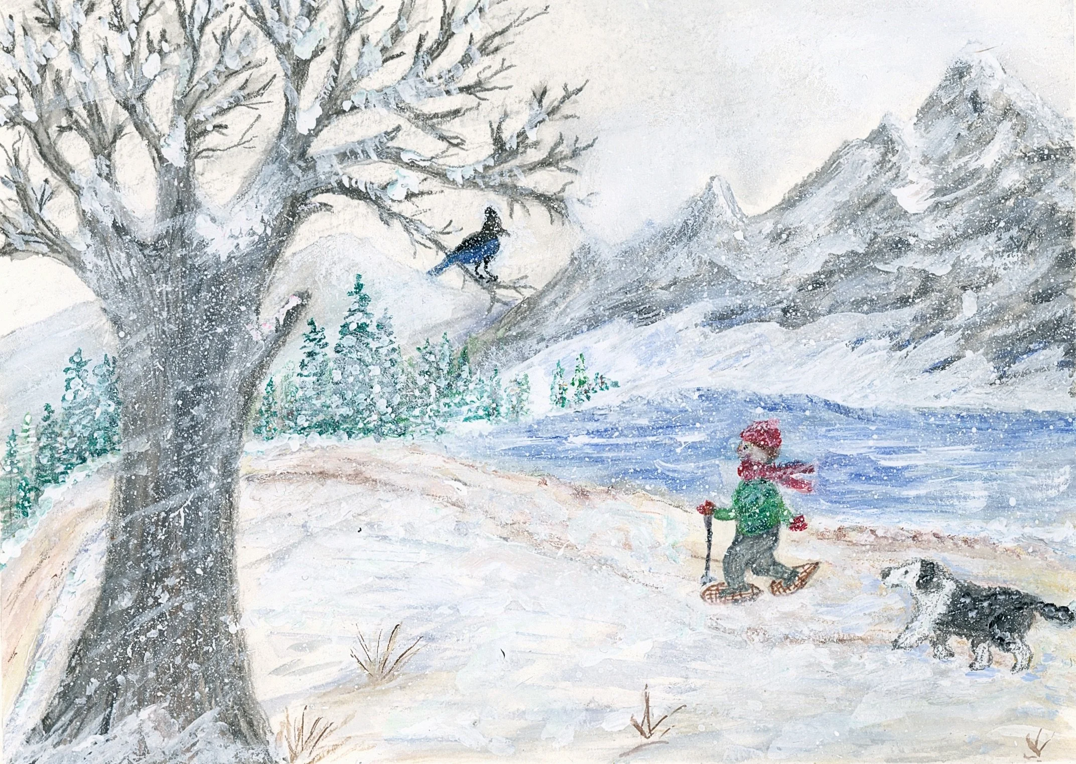 A women and her dog walk on a mountain road in a snow storm