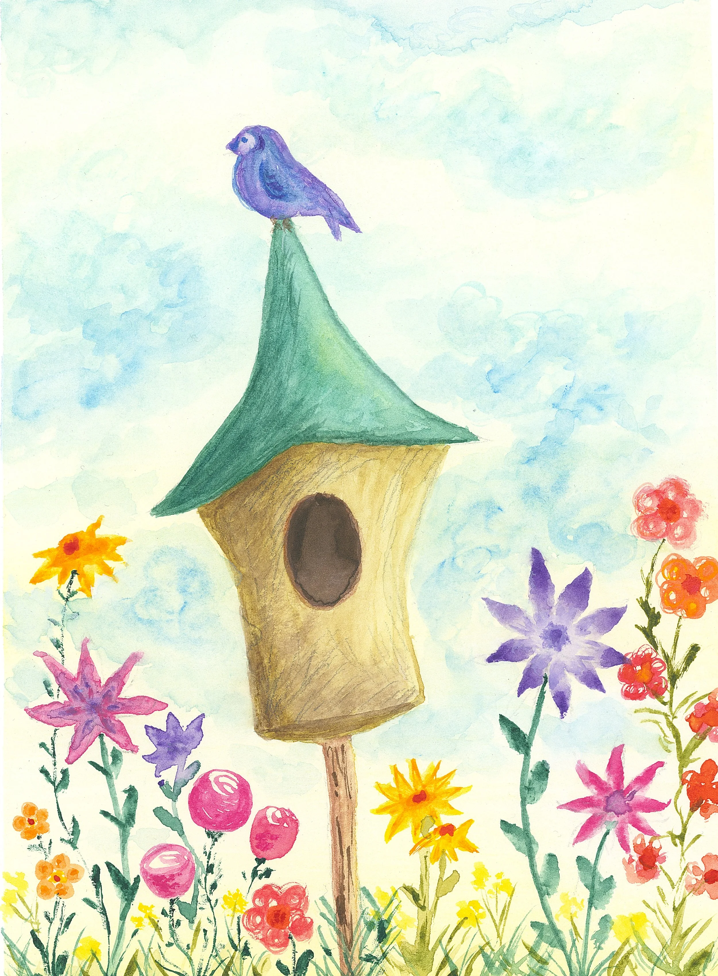 Bird on Birdhouse with Flowers