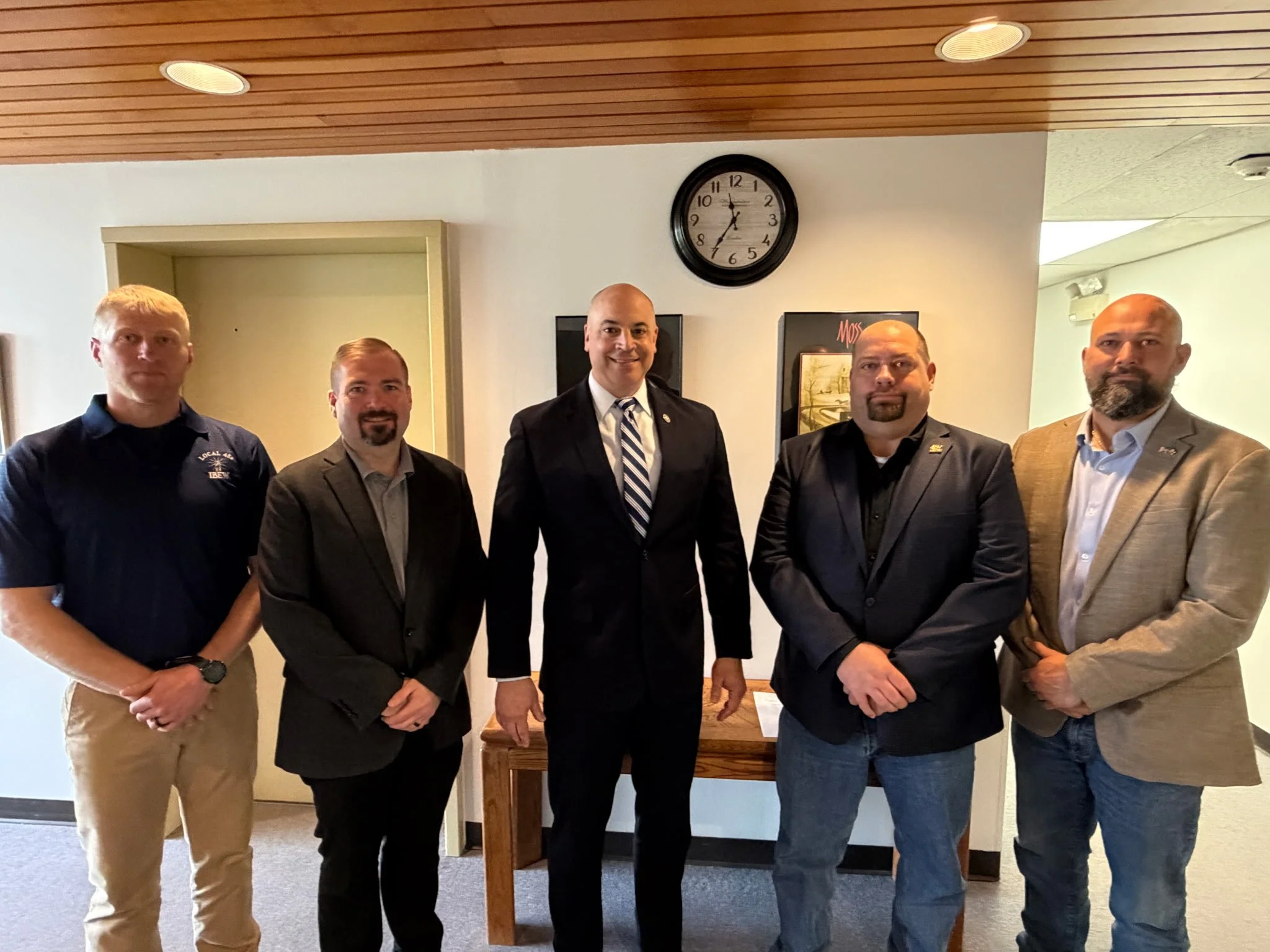 PA Attorney General Dave Sunday (R) with President Aric Baker, Travis Beck (President, UWUA System Local 102), Josh Ewing (Business Manager, IBEW Local 29), and Kory Hubbard (Business Representative, IBEW Local 459)