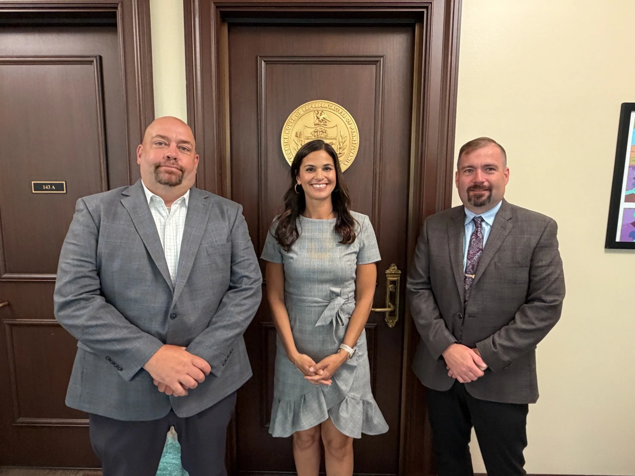 President Aric Baker and UWUA System Local 102 President Travis Beck with State Representative Natalie Mihalek (R-Allegheny/Washington). Rep. Mihalek supported our efforts to protect utility lineworkers by requiring AEDs at electric utility worksites