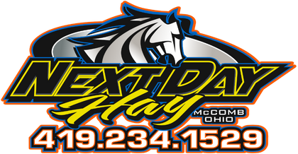 Logo for Next Day Hooy McComb Ohio with a stylized horse head in black and white, and contact number 419.234.1529.