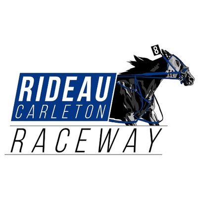 Logo of Rideau Carleton Raceway featuring a black horse with a blue bridle and a rider wearing a helmet, with the text 'RIDEAU CARLETON RACEWAY'.