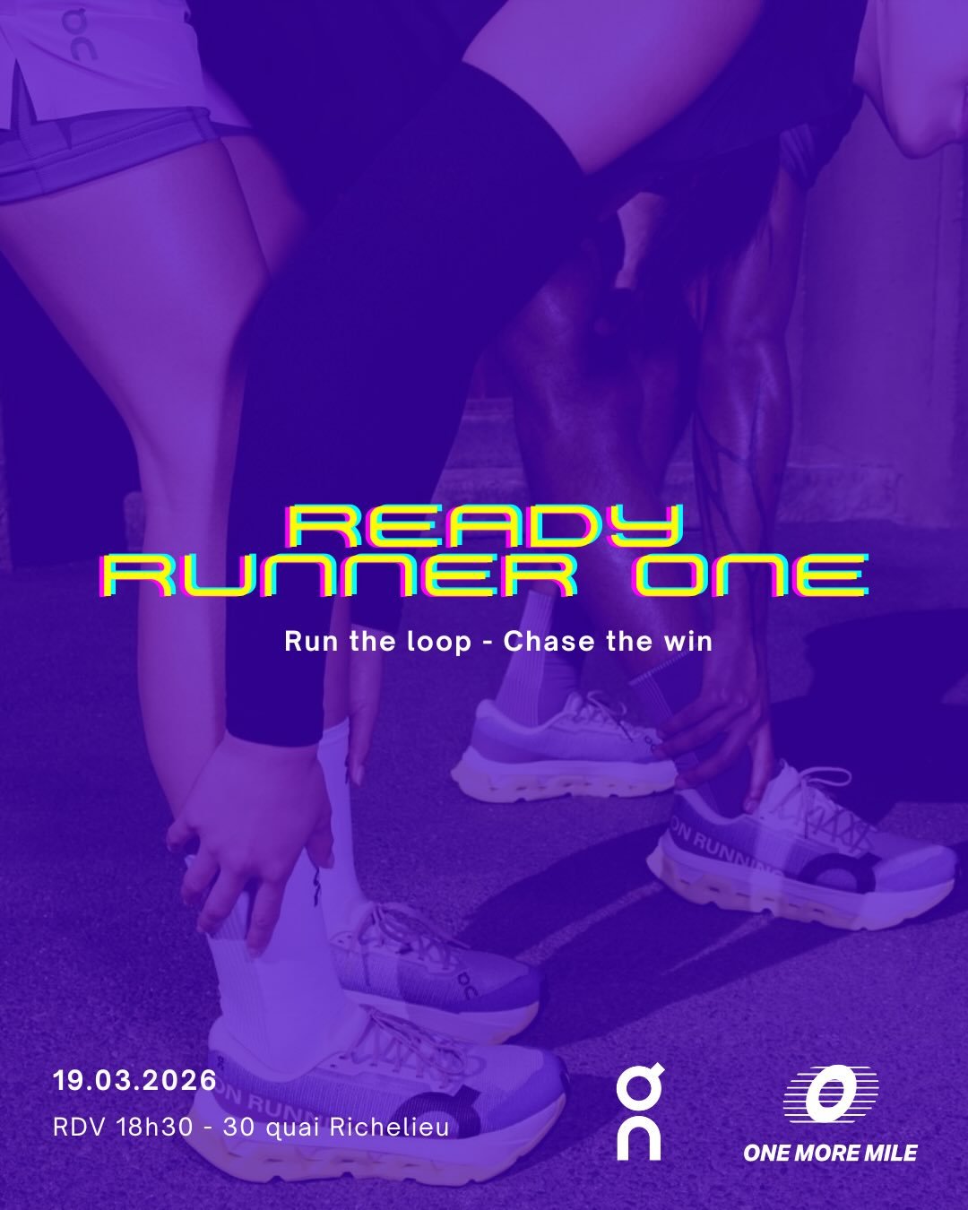 READY RUNNER ONE 👾

400m.
30 minutes.
Max de lap possible.

Cloudmonster 3, Cloudmonster 2 Hyper, Cloudsurfer 2, Cloudboom Volt, choisis ton mod&egrave;le et viens te tester jeudi 19 mars avec @on 🌩️

🏁 RDV &agrave; partir de 18h30 jeudi, 30 quai 