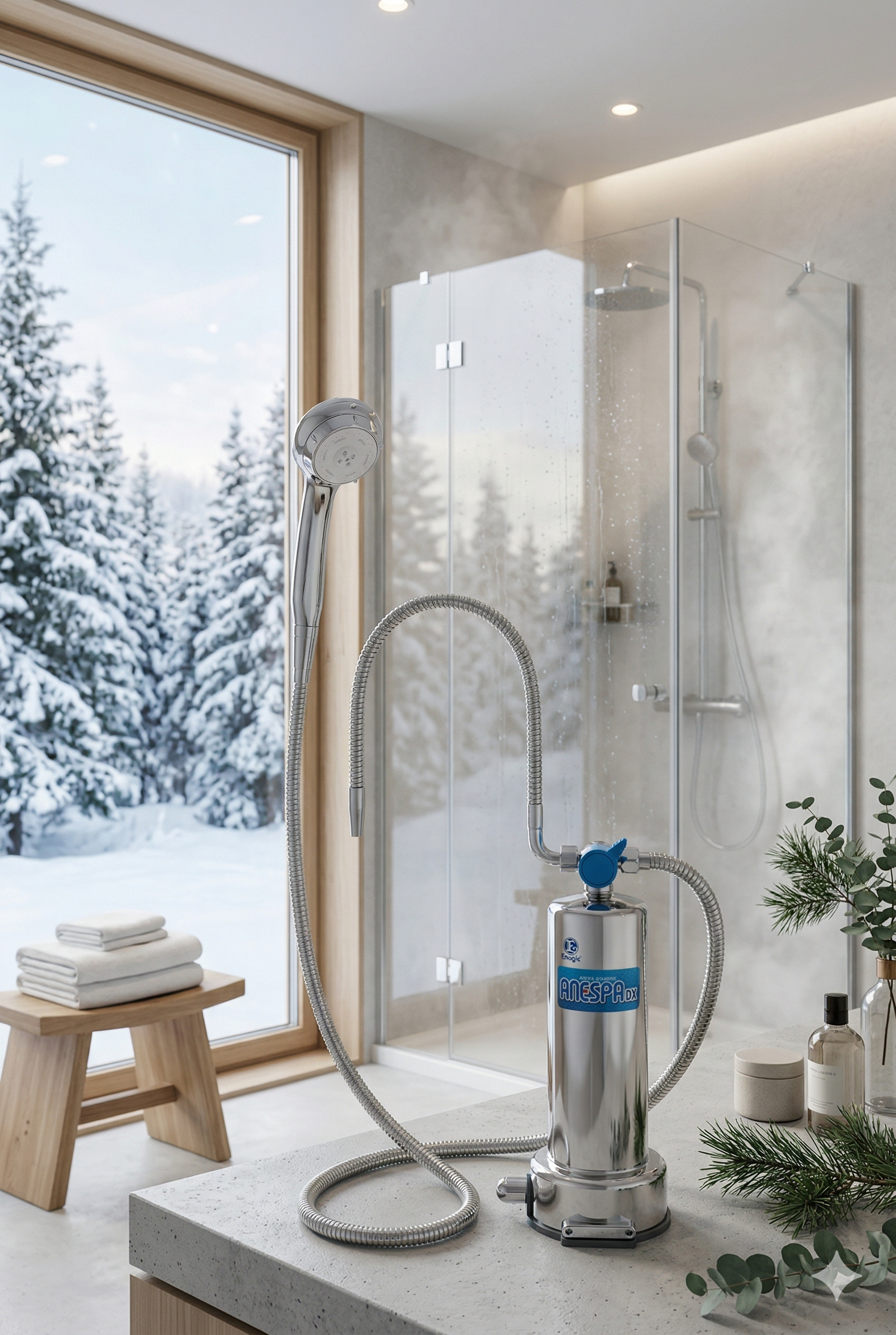 A Kangen Anespa DX Shower System displayed in a bathroom in Norway with snow covered pine trees in the background outside the window.