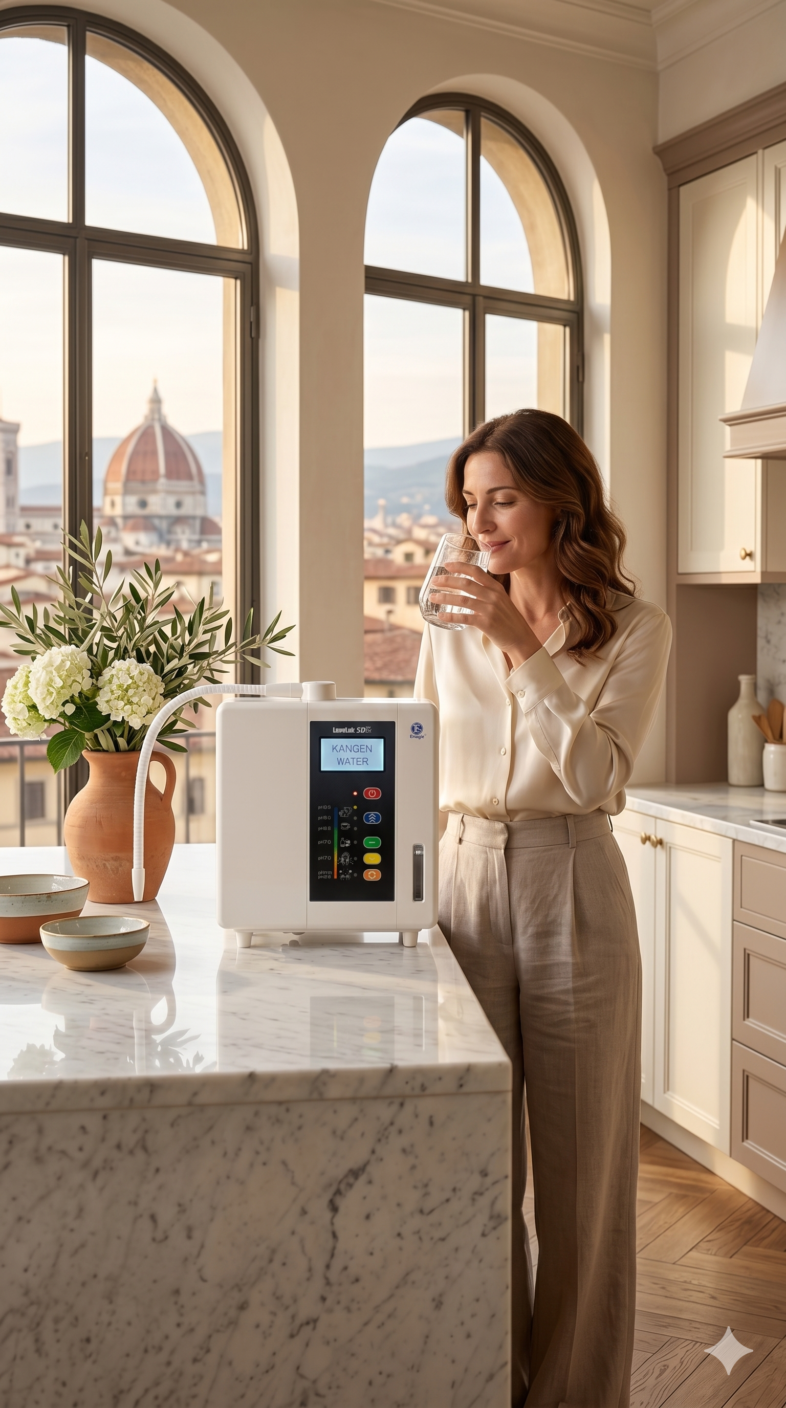 Italian Woman drinking kangen water from her Leveluk SD501DX machine in her luxury kitchen in Florence.
