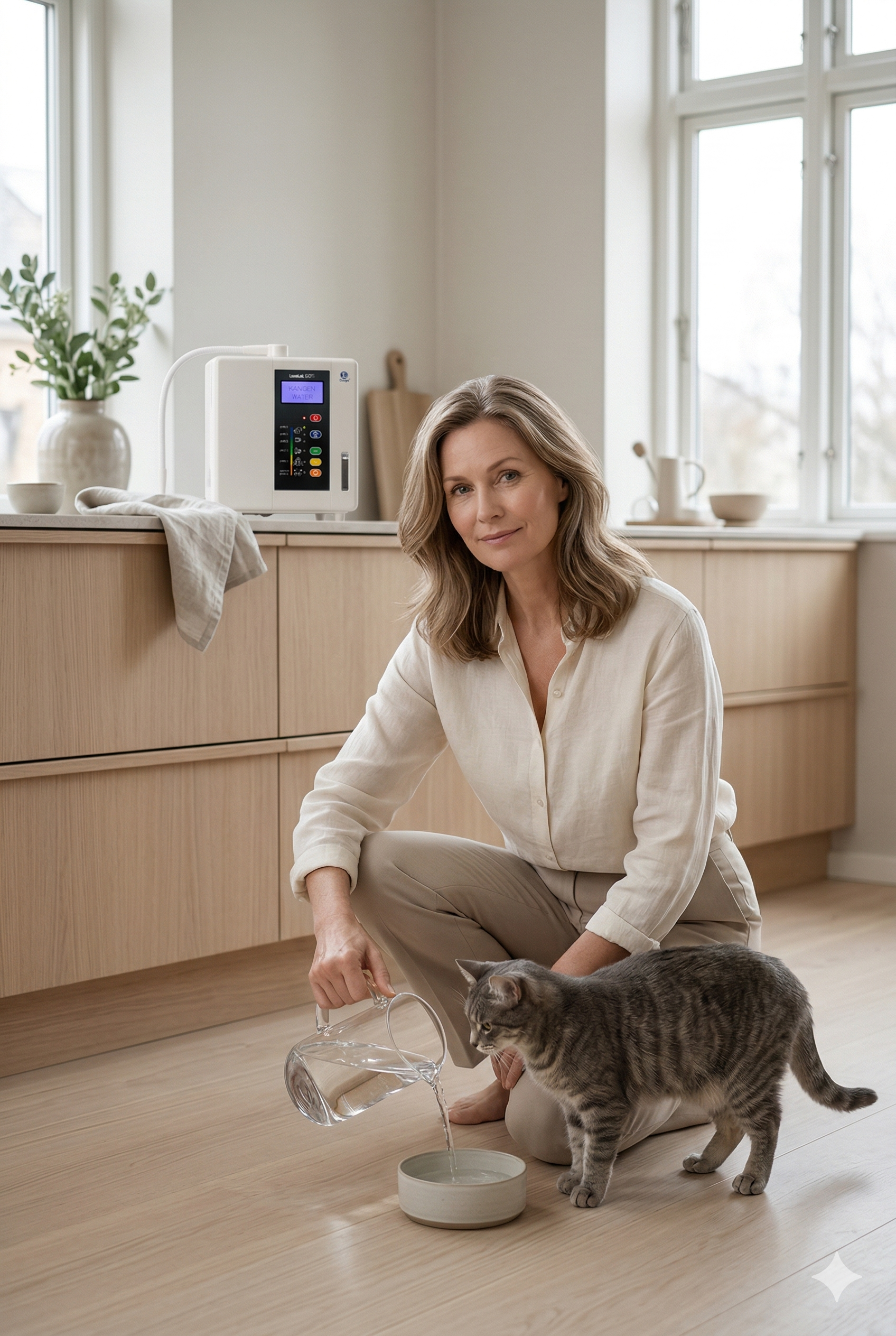 Older lady feeding her beloved cat Kangen Water from her Leveluk SD501 Kangen Water Machine in a moden minimalist kitchen.