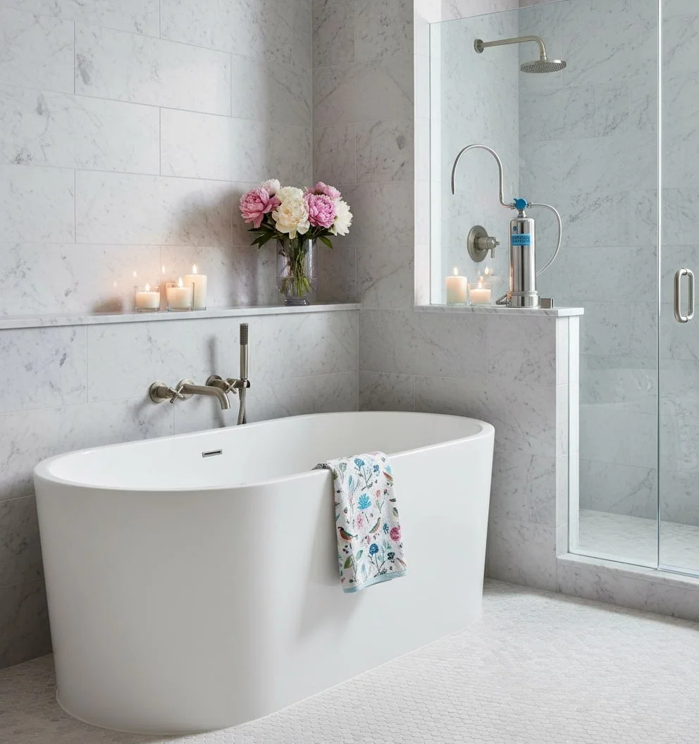 Anespa DX on display in a spanish bathroom showing it can be used for shower and bath.