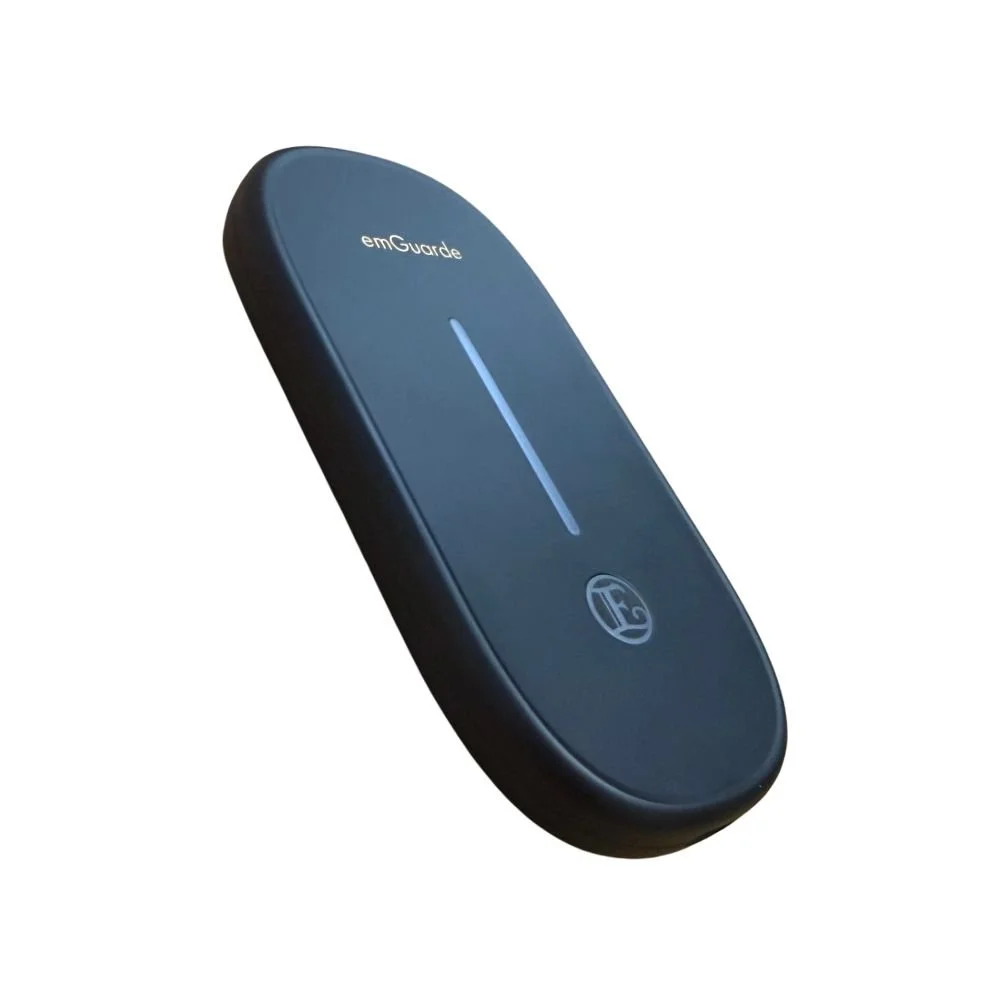 Side profile of the sleek and lightweight emGuarde Go EMF harmonizer, showcasing its slim, portable design engineered for travel and everyday use.
