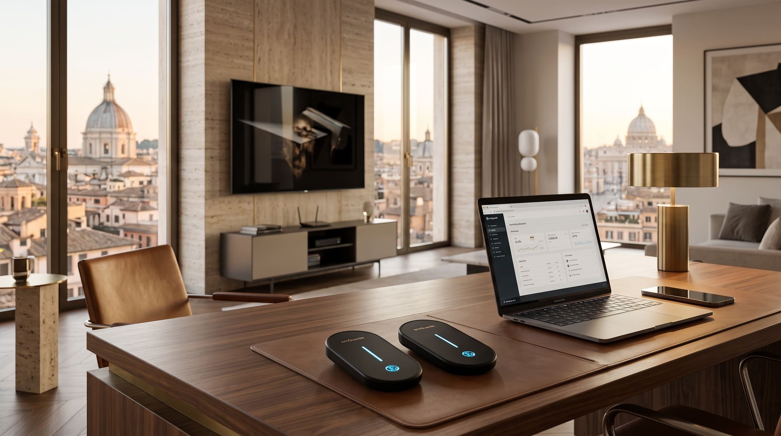A set of two emGuarde Go EMF harmonizer units placed on a modern Italian home office desk, stabilizing the electromagnetic environment surrounded by multiple digital screens and wireless devices.