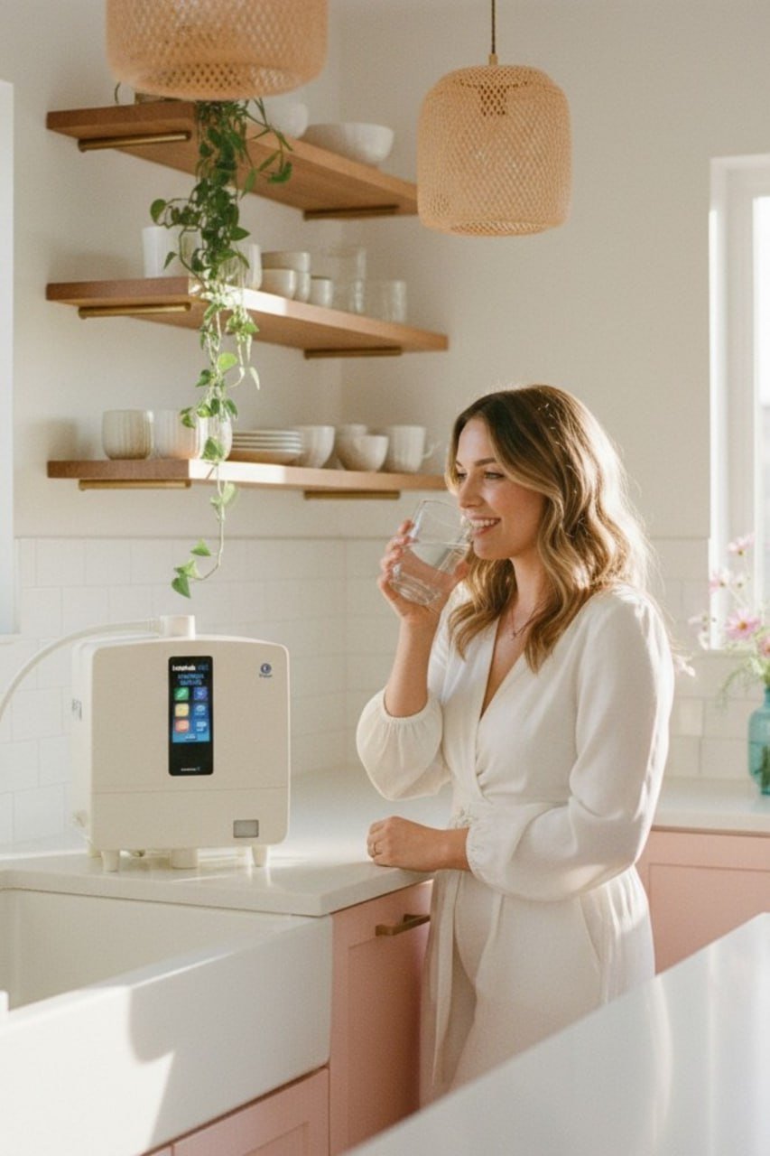 Woman from the UK drinking her glass of water from her new K8 Water Machine