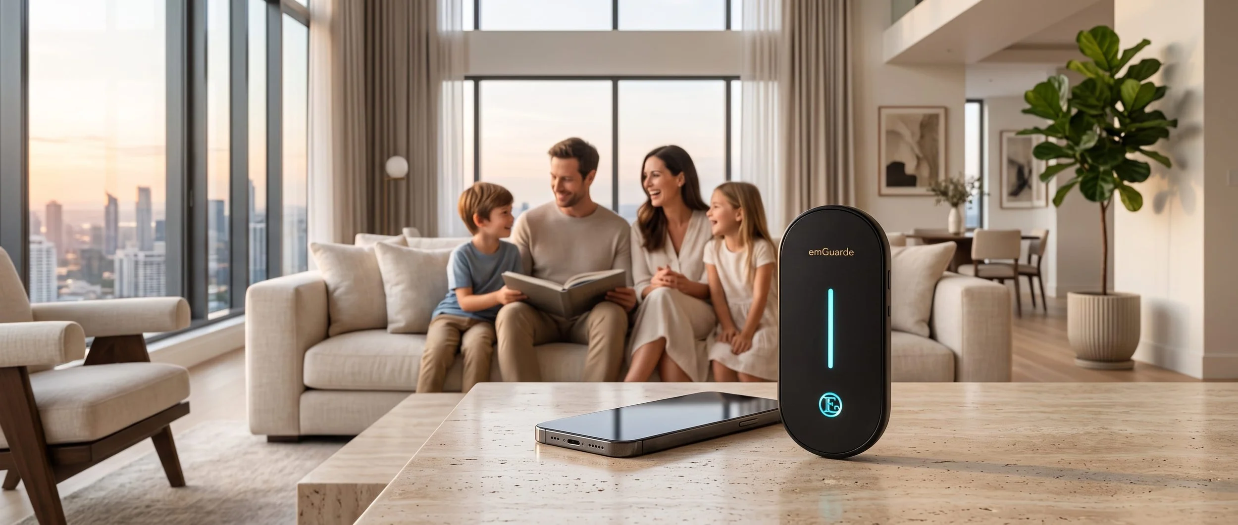 A family relaxing in a Parisian living room with the portable emGuarde Go EMF harmonizer on the coffee table, providing a balanced environment around their smart devices.