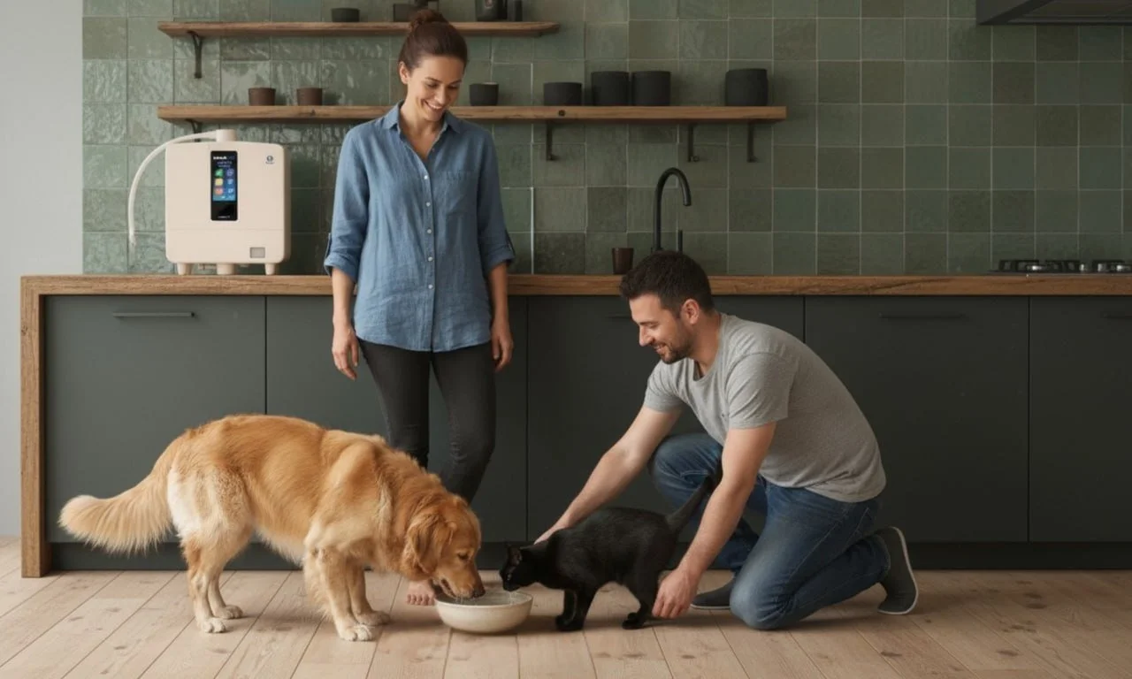 Pet parents feeding their dog and cat kangen water from their K8 Water machine.