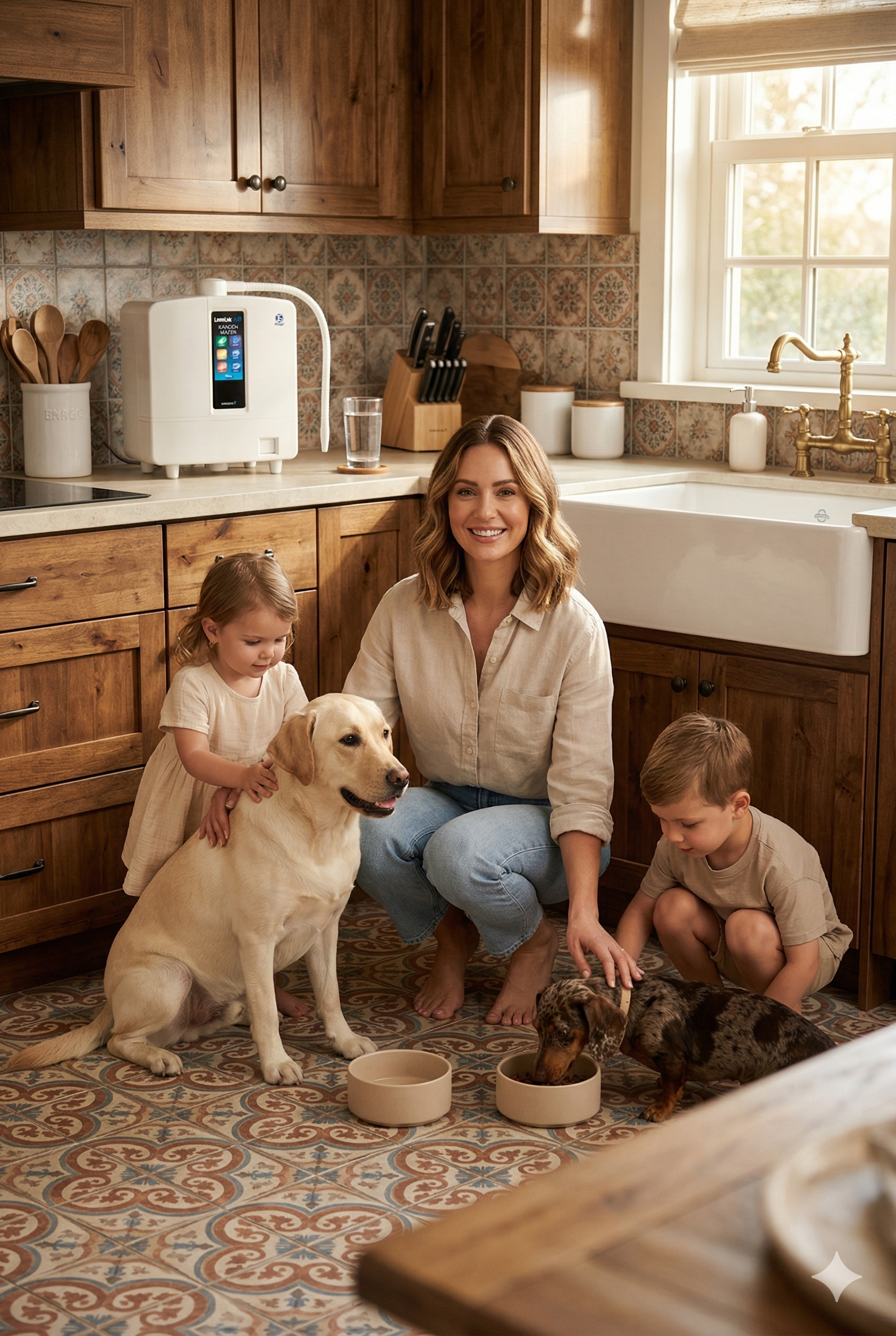 Mother and two children feeding their pet dogs Kangen water from their Leveluk K8 Water machine in farmhouse style european kitchen.